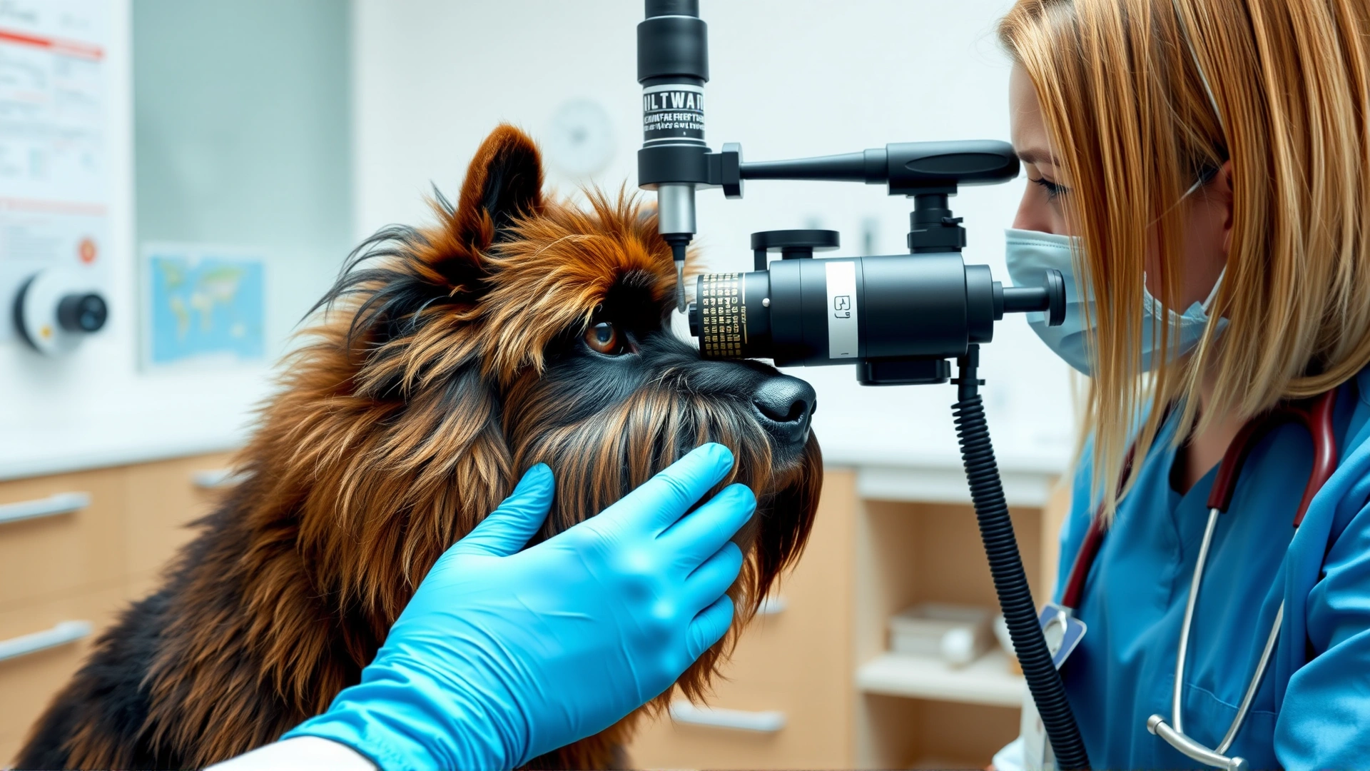 Veterinarian performing an eye exam on a calm adult Briard in a modern vet clinic, professional setting, no text