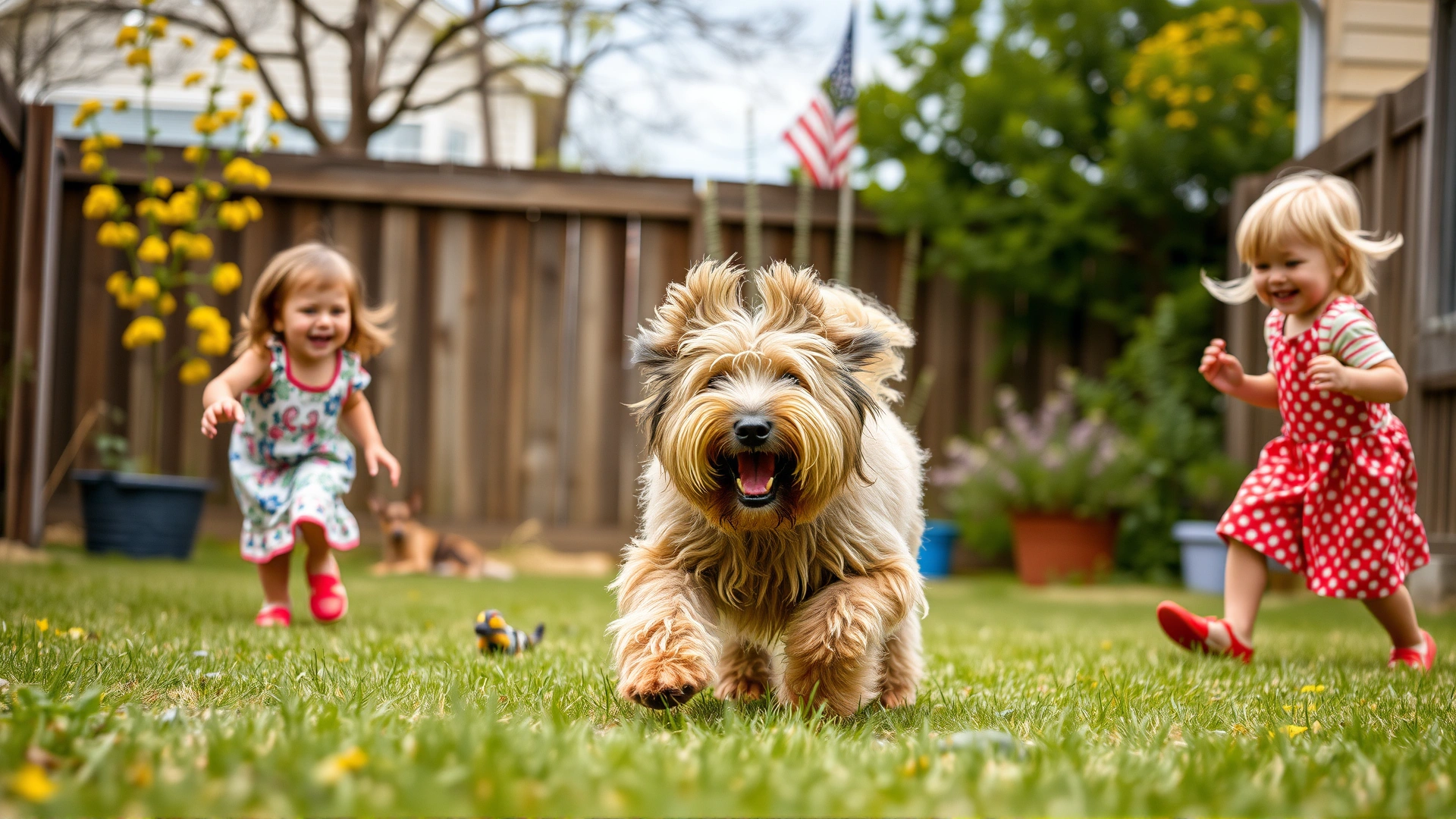 Friendly Briard playing chase with two laughing children in a fenced backyard during spring, candid moment, no text
