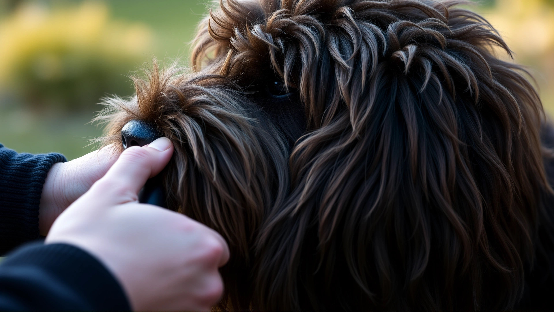 Close-up of hands brushing a Briard’s long double coat outdoors, shallow depth of field, no text