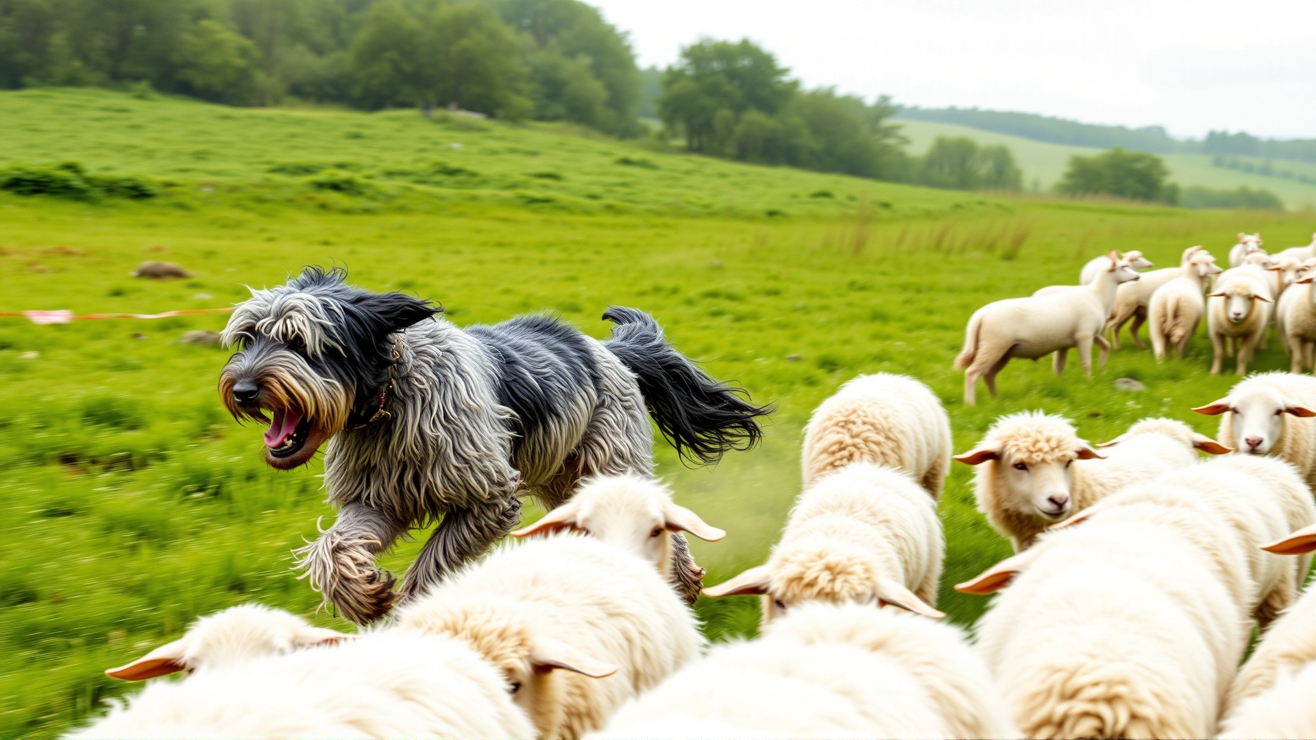 Briard dog actively herding a flock of white sheep across a lush green field, dynamic action shot, no text