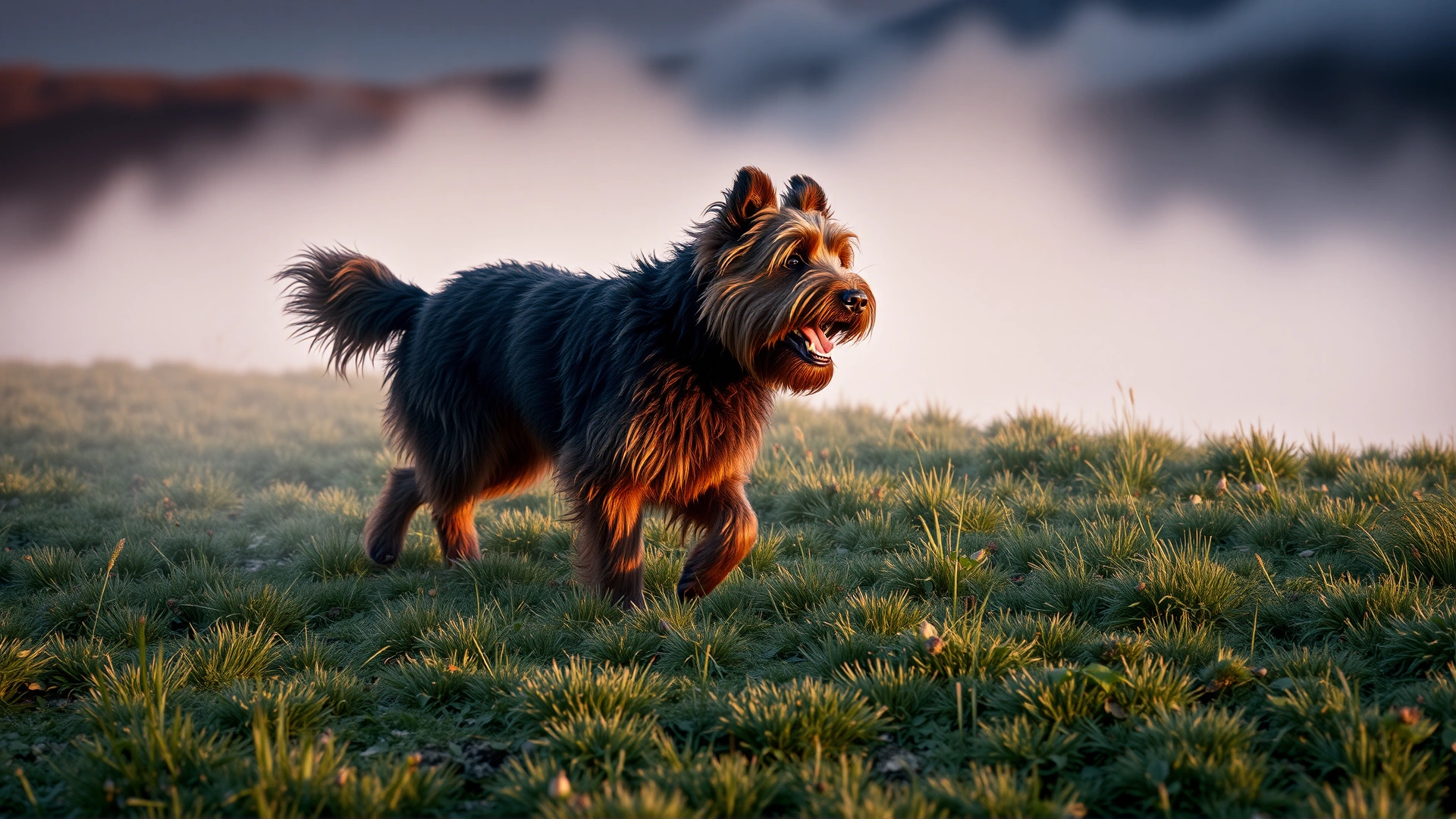Wide-angle shot of a confident Briard dog trotting through morning mist on a grassy hillside, warm sunrise tones, no text