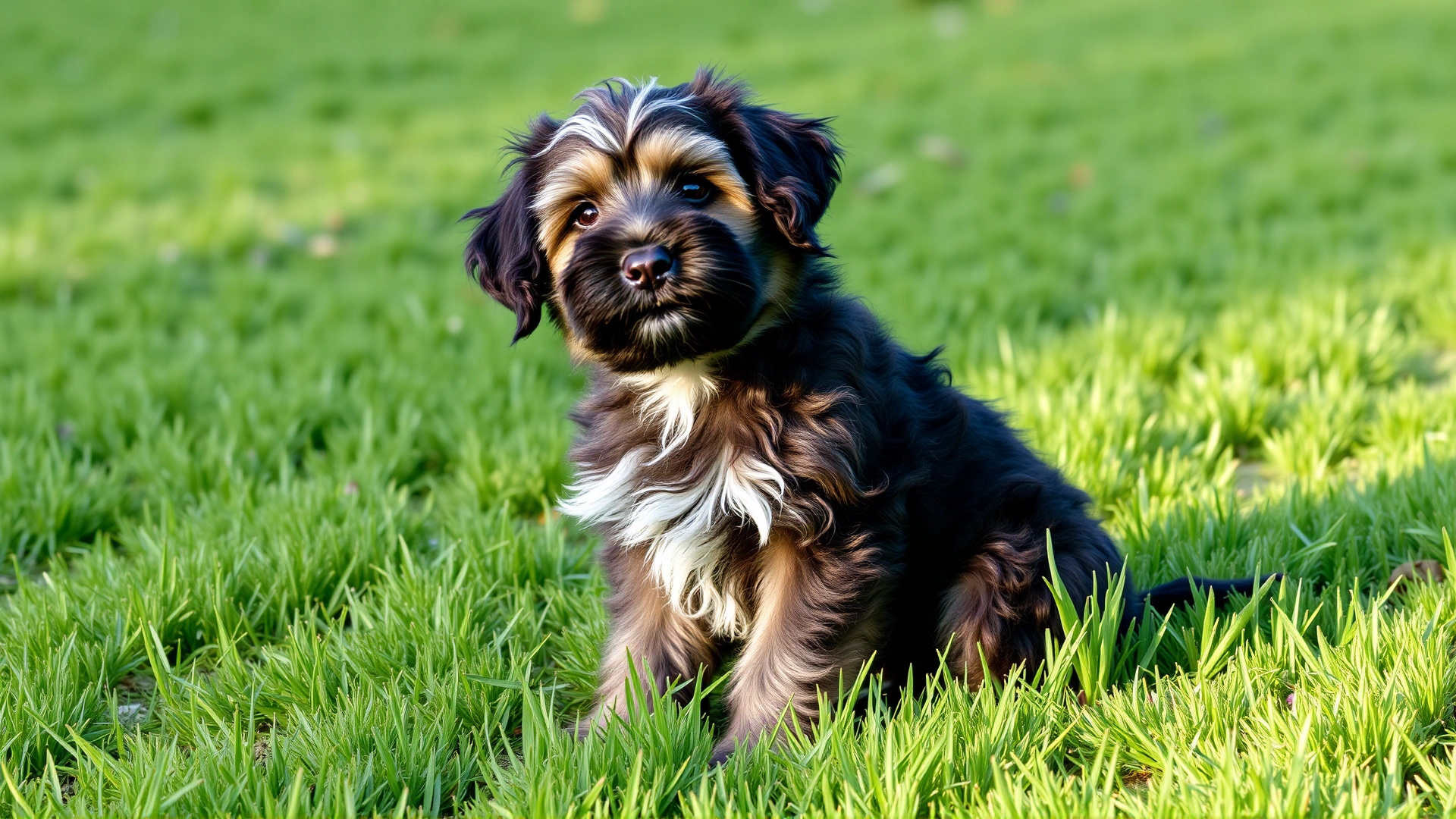 Adorable Briard puppy sitting on fresh green grass, head tilted curiously, soft afternoon light, no text