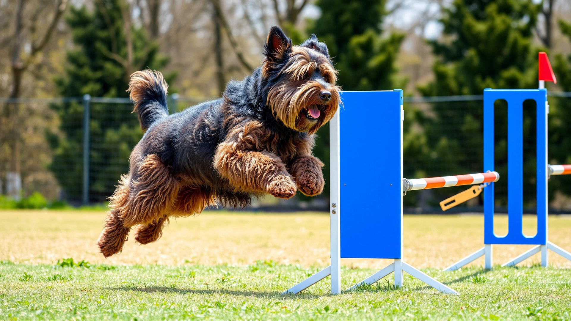 Briard leaping over a bright blue agility hurdle with handler guiding beside, sharp daylight, no text