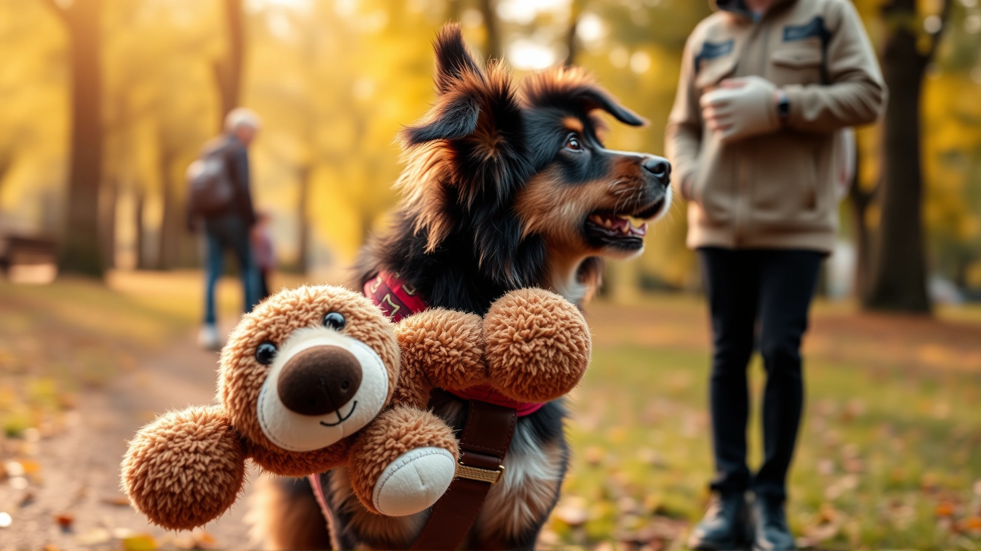 Playful dog carrying favorite plush toy towards owner in park