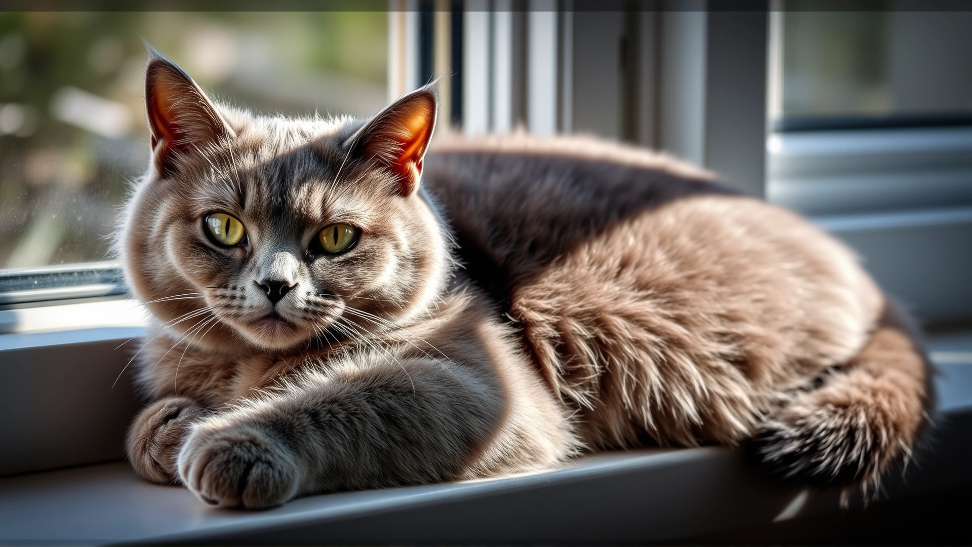British Shorthair cat lounging on a windowsill with sunlight highlighting its plush grey fur.