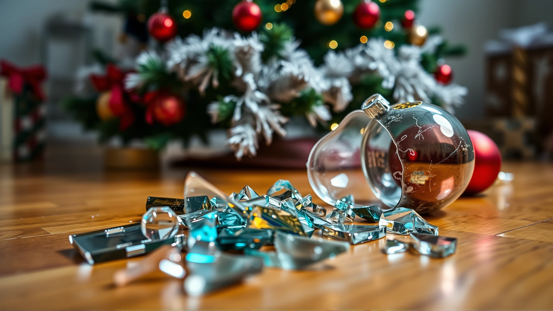 Close-up of broken glass ornament pieces on hardwood floor with blurred Christmas tree in background, emphasizing hazard.