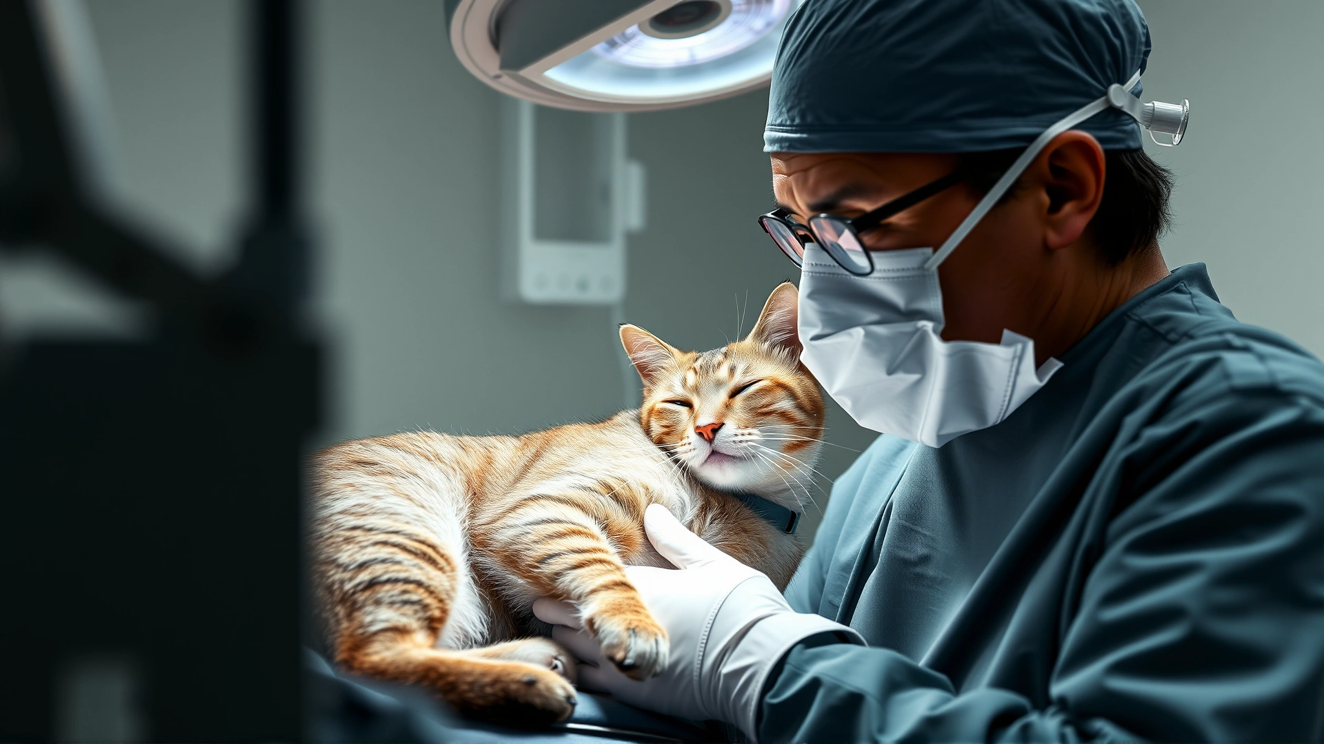 Veterinary surgeon performing bronchoscopy on an anesthetized cat in an operating room, endoscope visible on screen, high resolution