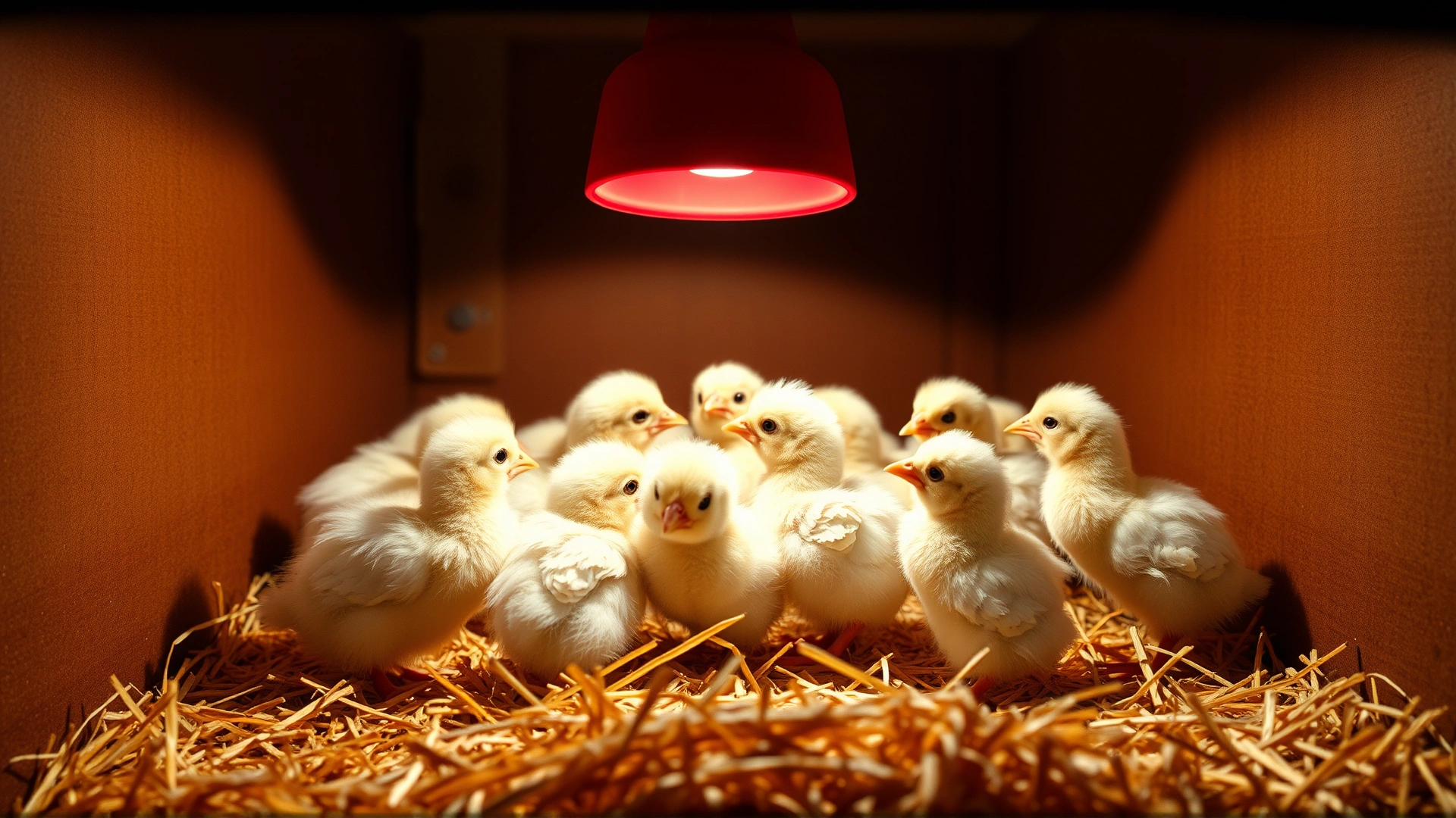 Several newly hatched chicks clustered under a red heat lamp inside a straw-lined brooder box, warm ambient glow