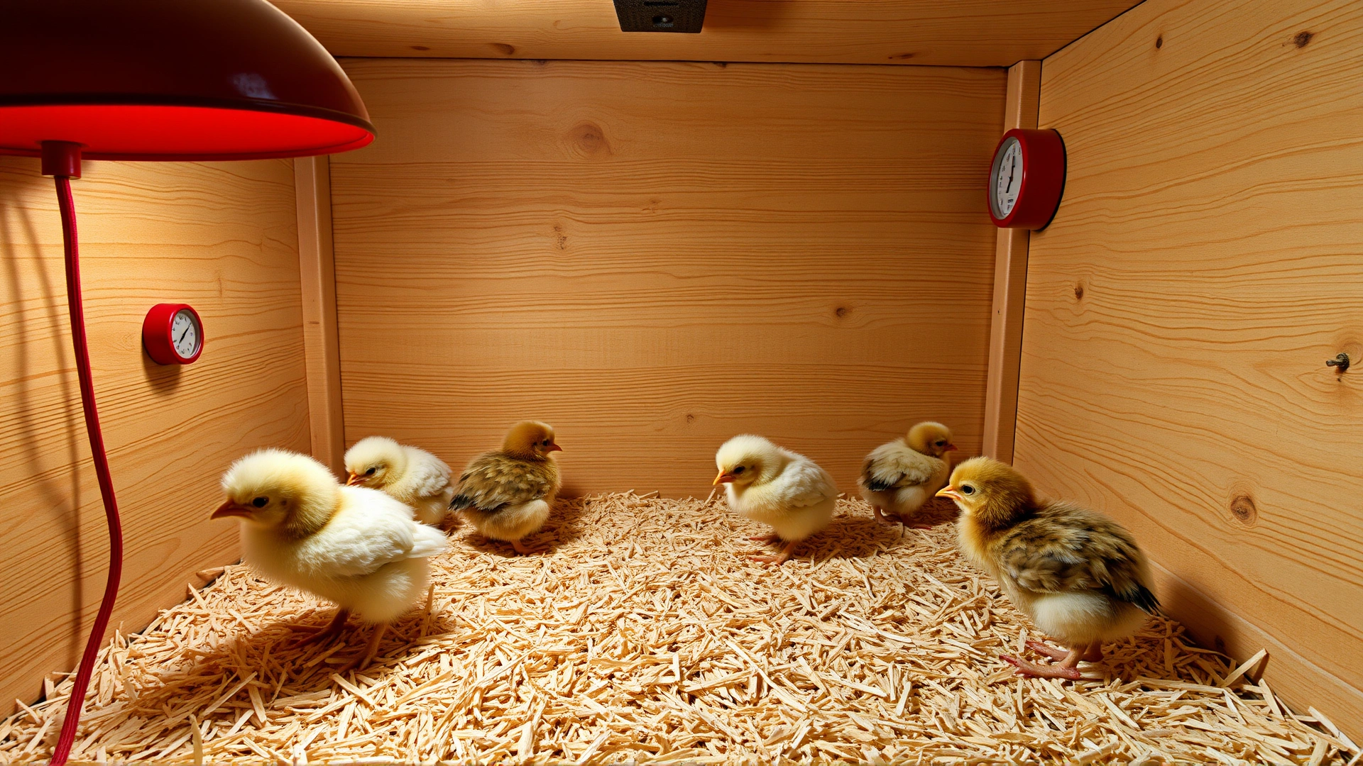 Wide shot of a DIY brooder box lined with pine shavings, a red heat lamp, thermometer hanging on the side, and several chicks pecking around