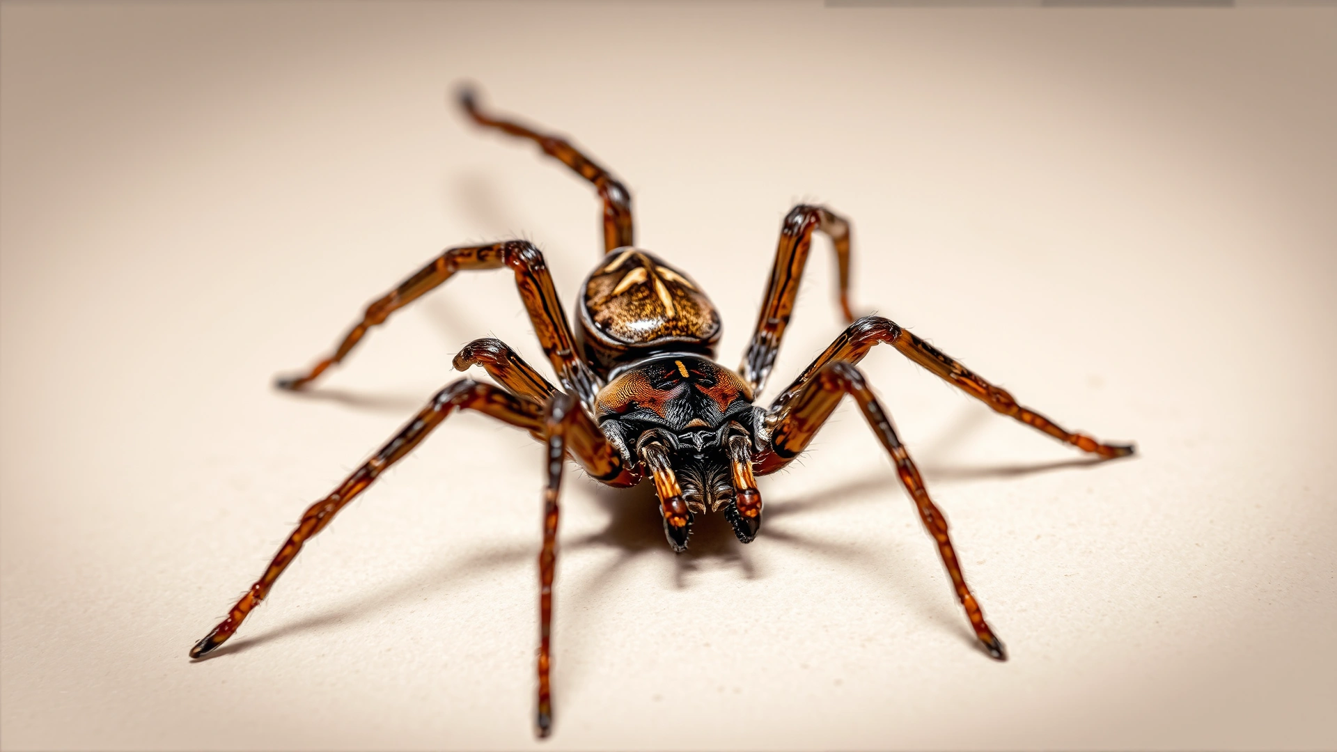 Macro photograph of a brown recluse spider on a neutral light background clearly showing the violin-shaped marking on its cephalothorax, high detail sharp focus