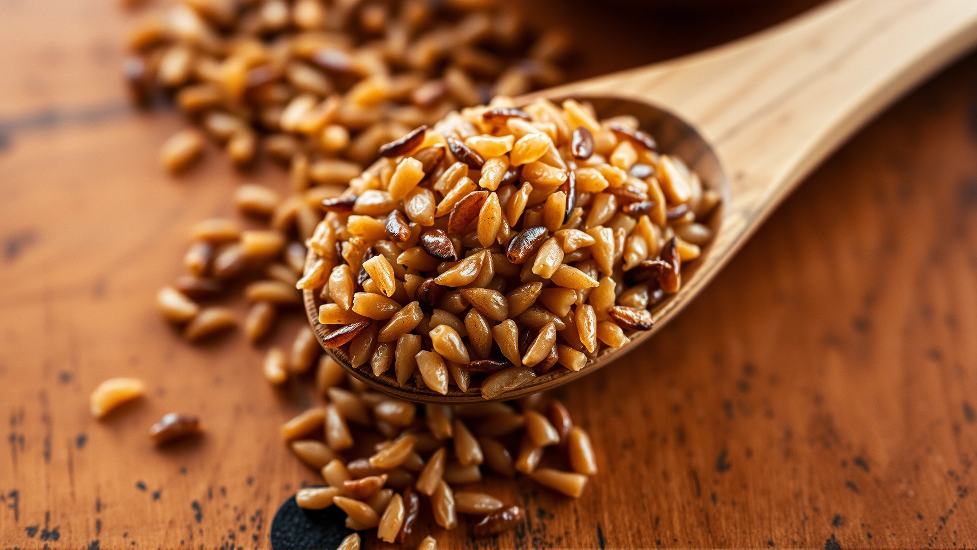 Macro photograph of cooked brown rice grains on a wooden spoon placed over a rustic table, warm tones, no text.