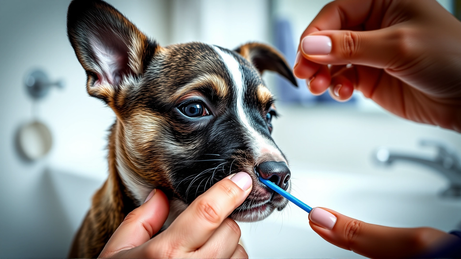 Dog owner gently brushing a puppy's tiny teeth using a small finger toothbrush, bright bathroom setting
