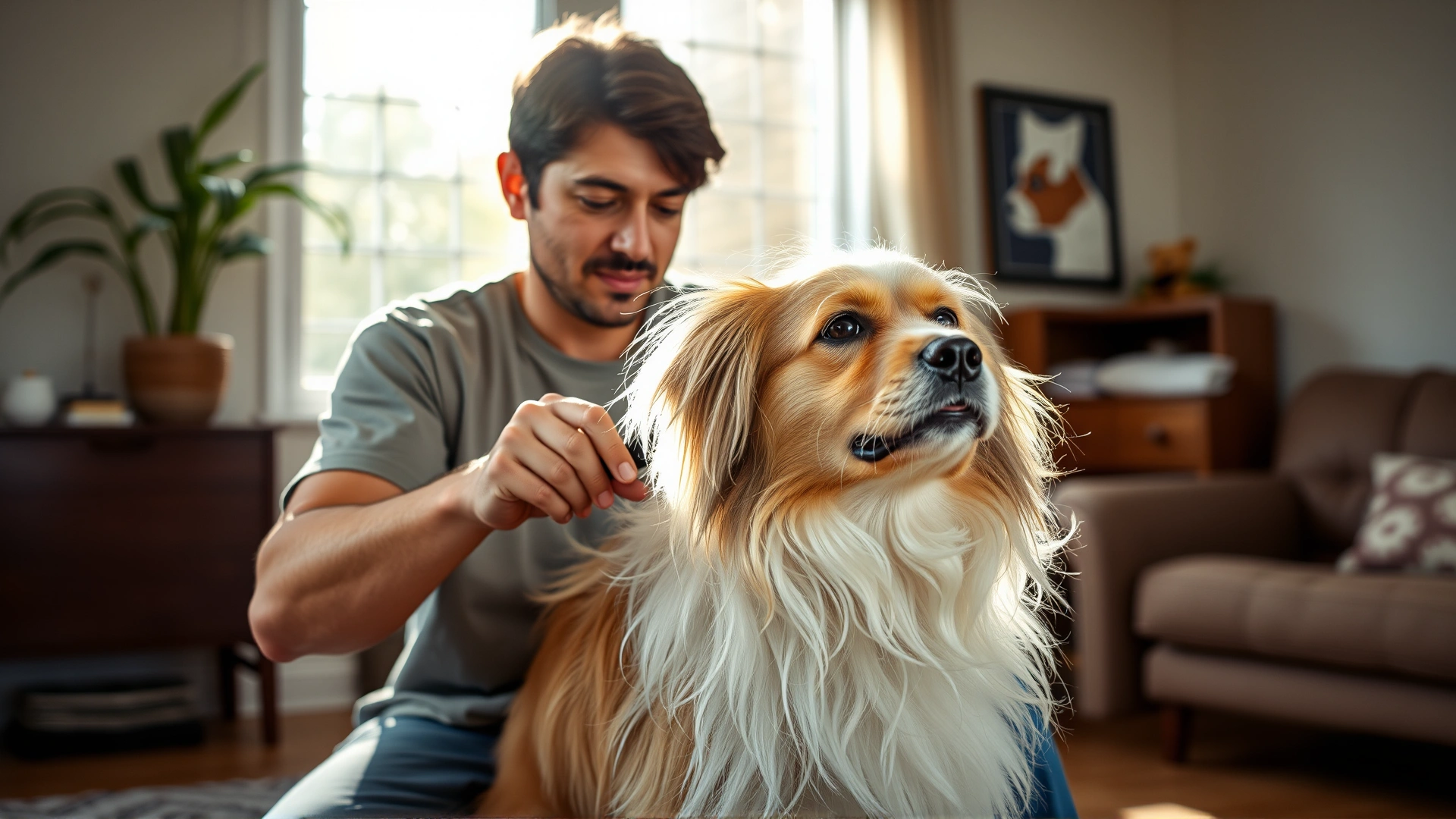 Owner calmly brushing a long-haired dog’s coat with a slicker brush in a sun-lit living room.