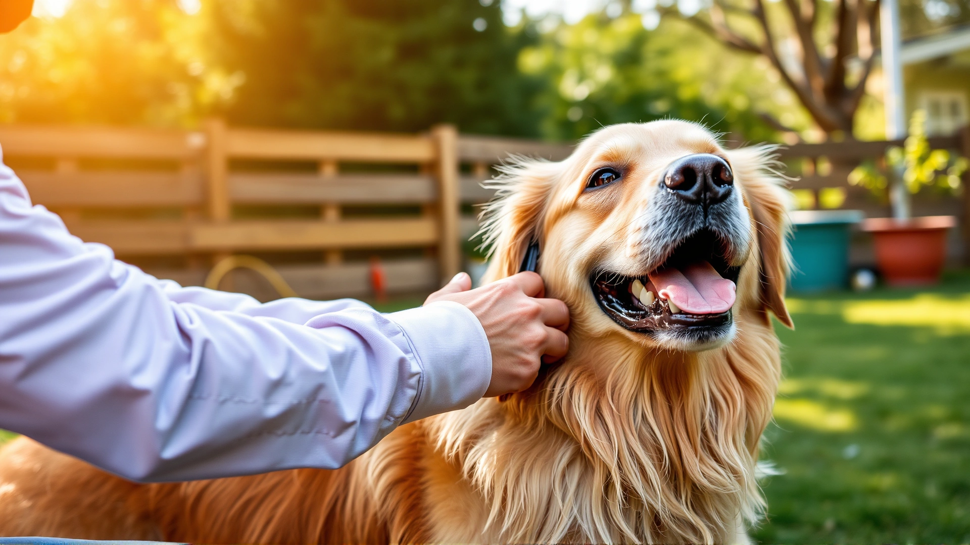 An owner gently brushing a happy Golden Retriever’s coat in a sunny backyard, shallow depth of field