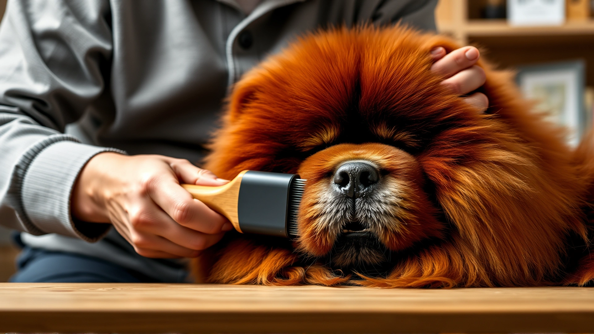 Owner gently brushing a Chow Chow's thick fur using a slicker brush, loose undercoat visible