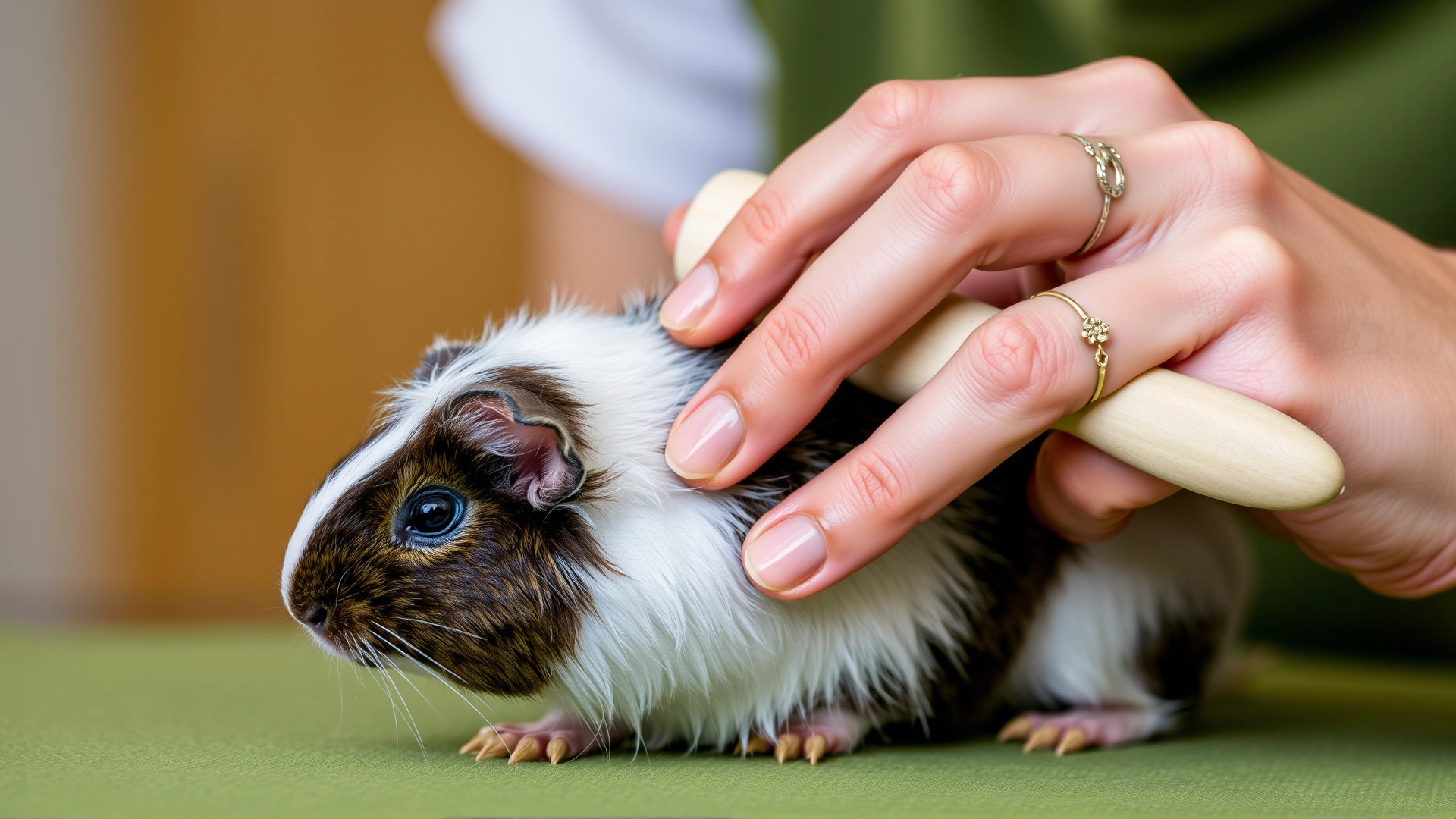 Owner gently brushing a guinea pig's fur with a soft brush, showcasing routine grooming and bonding.