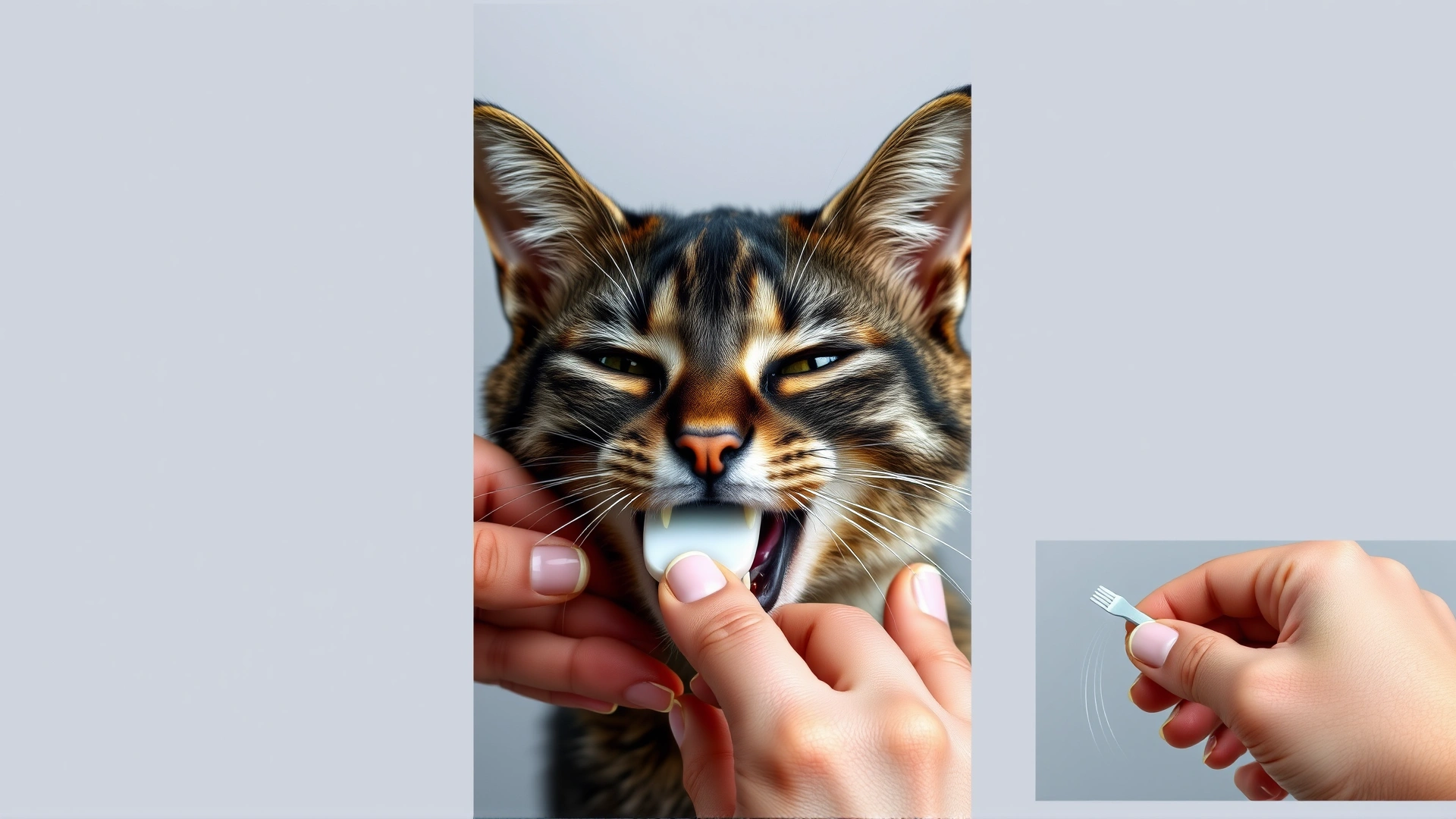 Series of three small images showing hands brushing a cat's teeth from different angles, no text