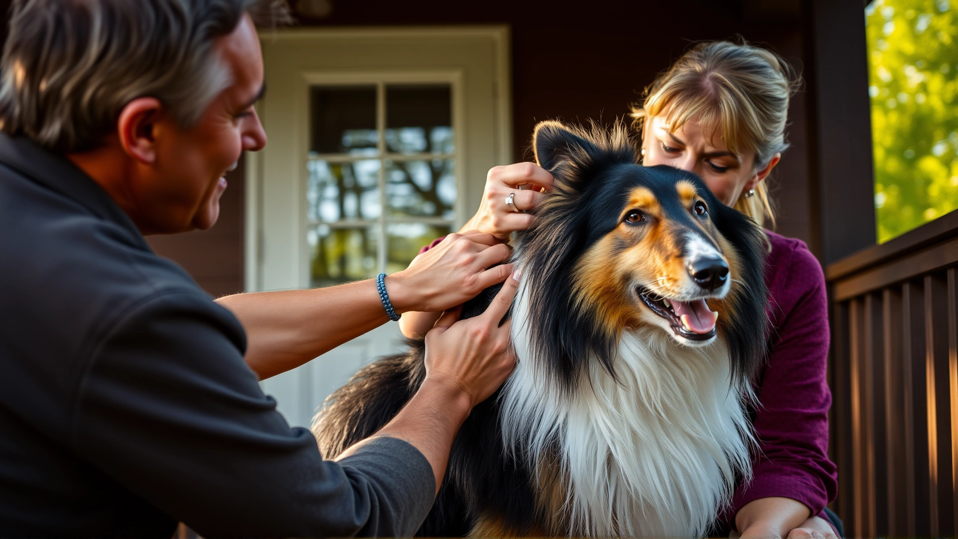 Owner brushing a long-haired collie on a porch, fur flying in soft sunlight, bonding moment.
