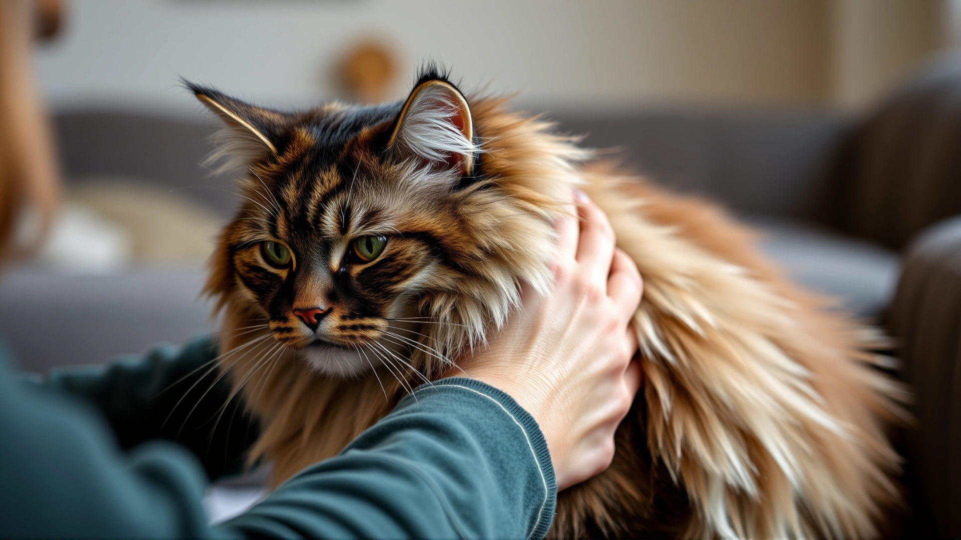 Person gently brushing a Norwegian Forest Cat's long fur at home, cozy indoor setting with soft lighting.