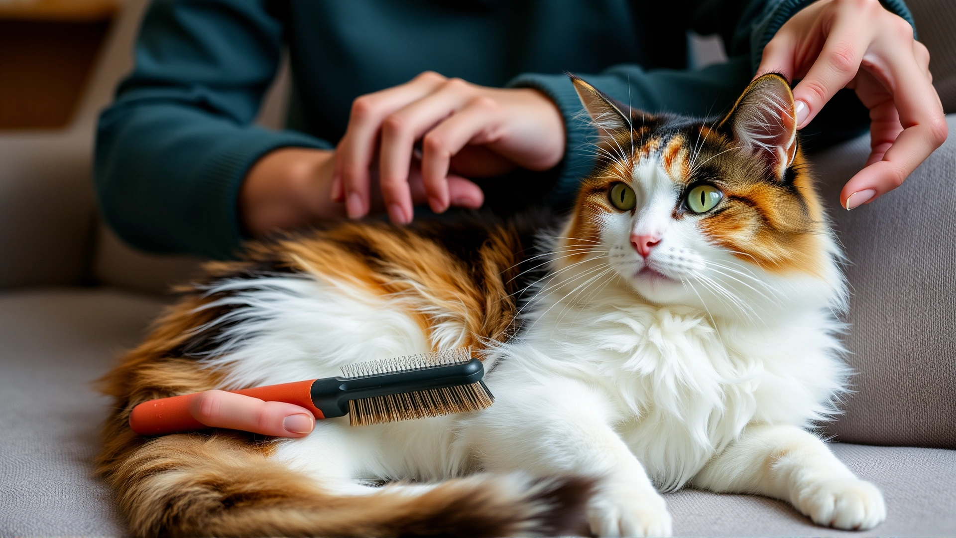 Pet owner brushing a long-haired calico cat with a slicker brush on a comfortable sofa.