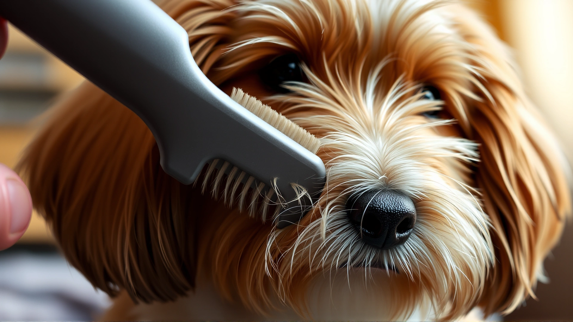 Close-up of brushing a long-haired puppy's coat with a slicker brush, detailed fur, cozy home setting