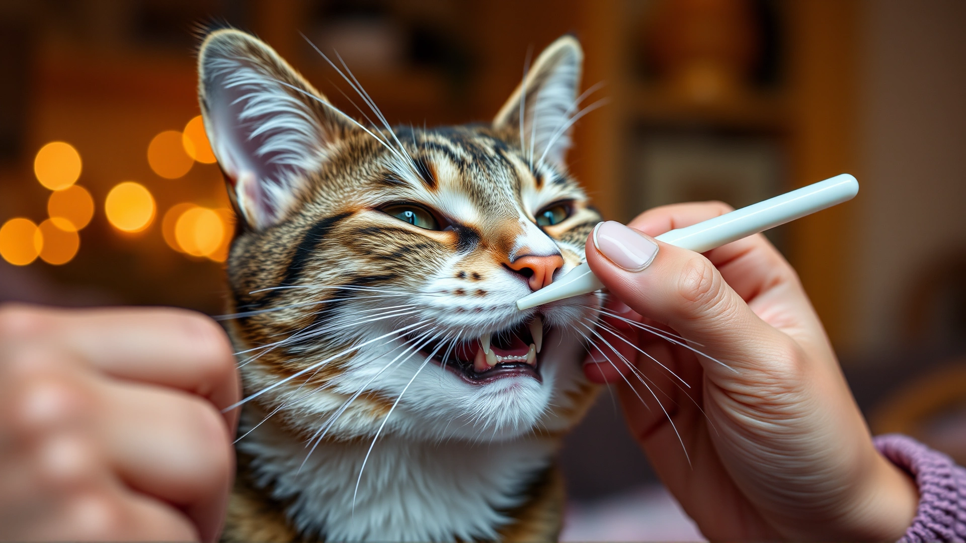Cat owner using small finger toothbrush to clean cat's teeth at home, warm ambient lighting