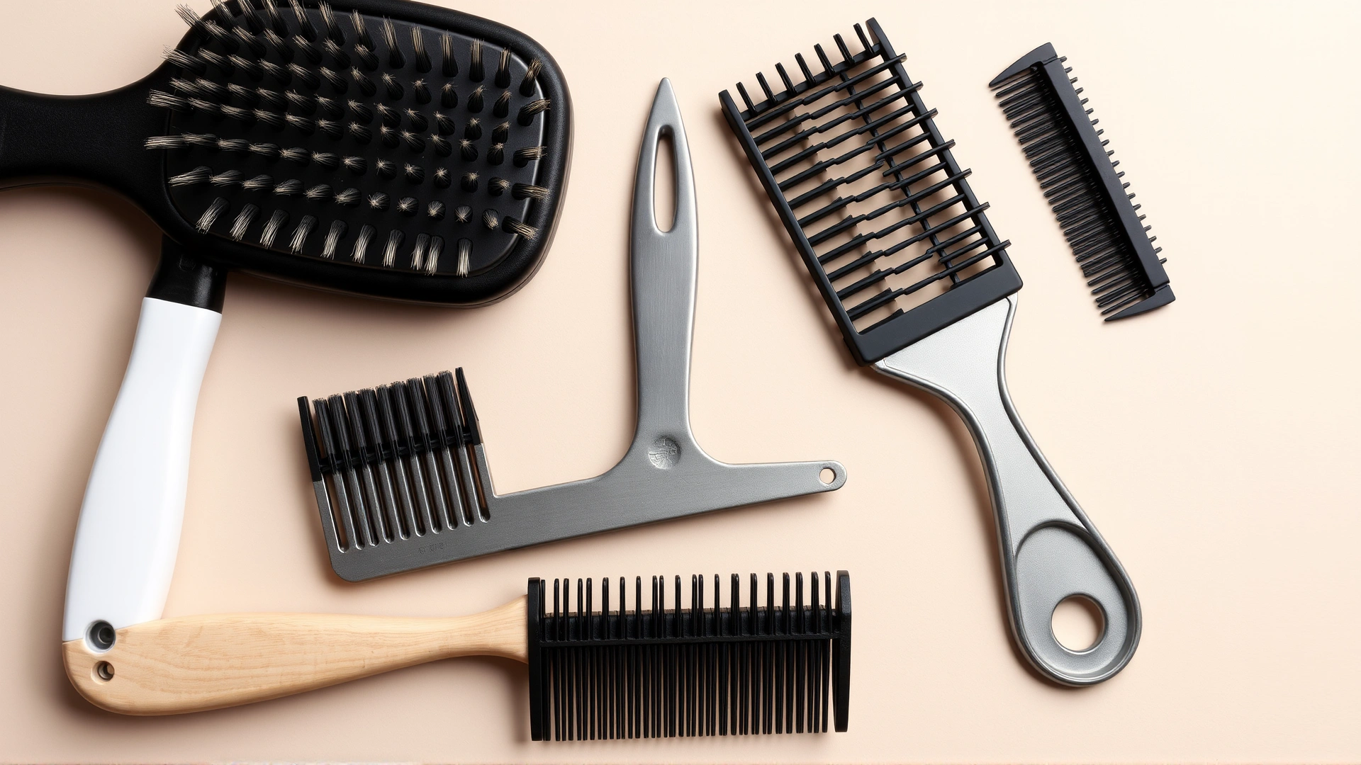 Flat lay of different cat grooming tools like slicker brush, wide-tooth comb, de-matting rake on neutral background