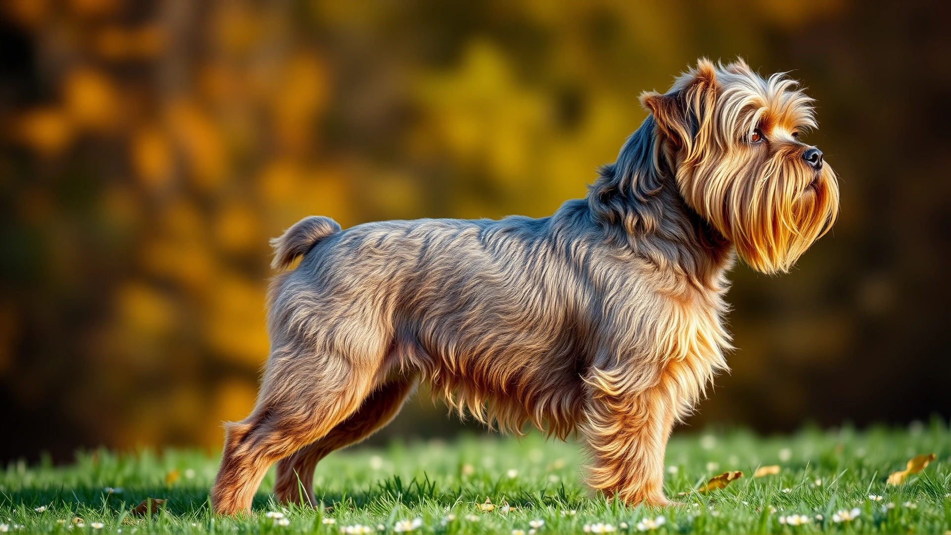 Full-body side profile of a healthy adult Brussels Griffon standing alert on lush green grass, autumn background, high resolution, no text.