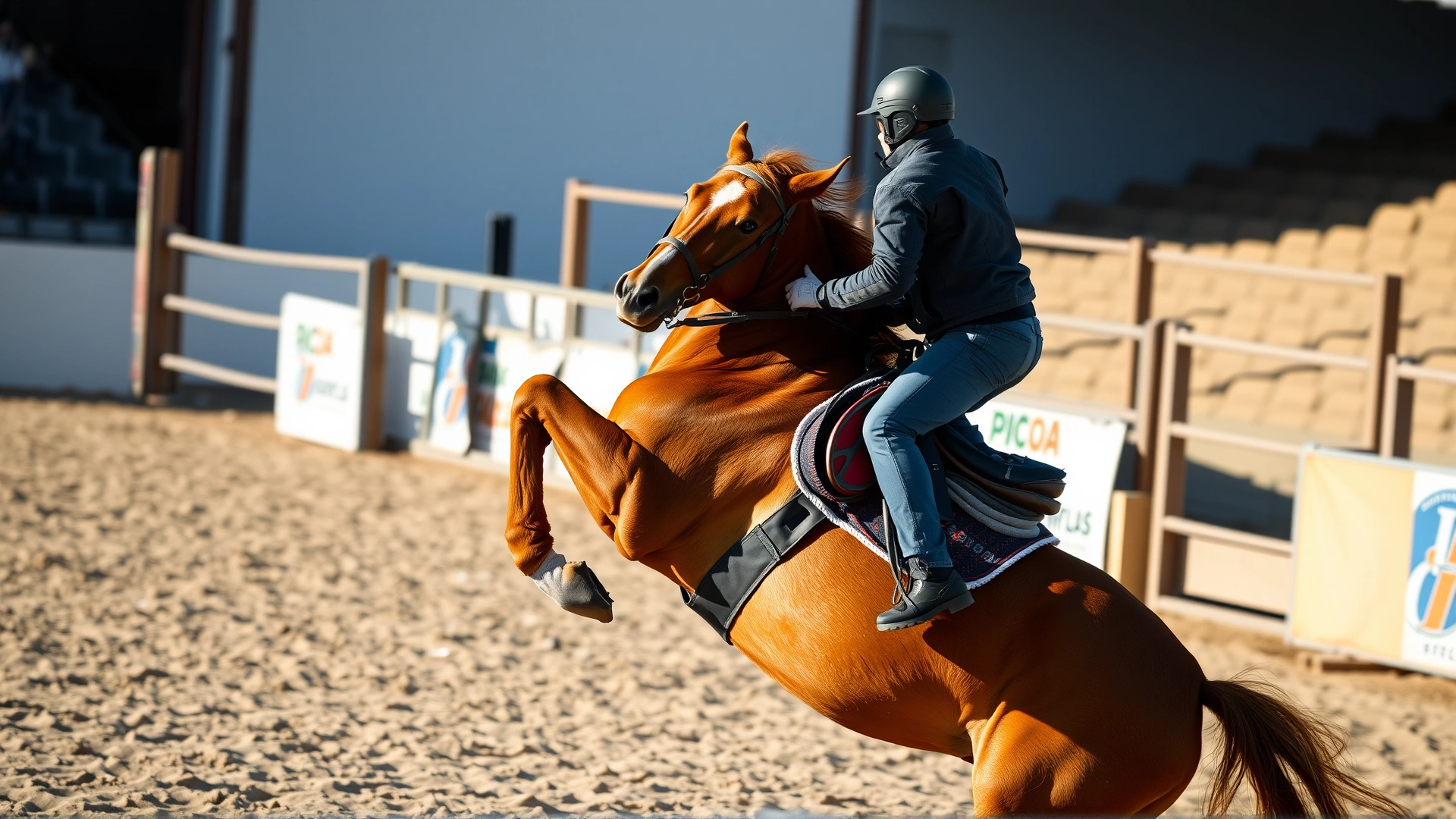 Rider wearing safety gear on a chestnut horse that is bucking in a sandy arena during daylight.