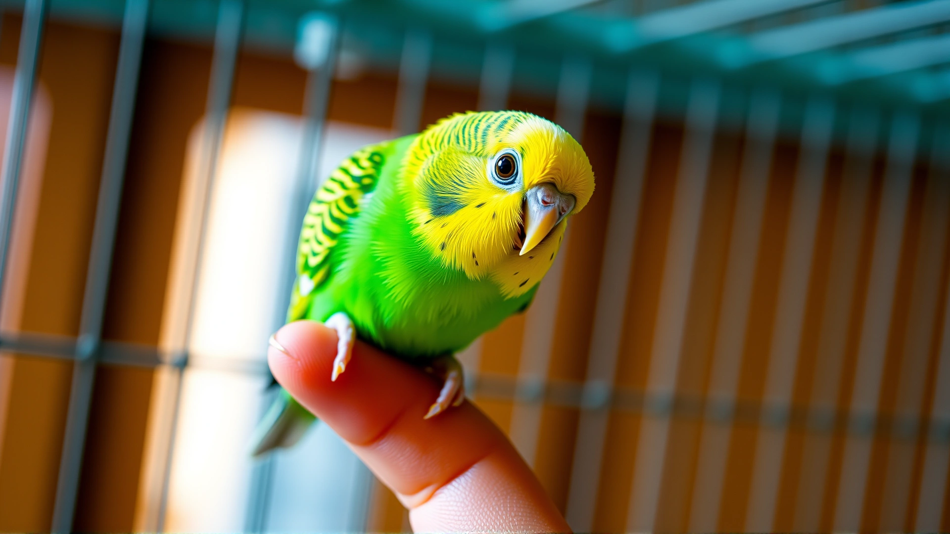Small green and yellow Budgerigar perched on a finger, looking curious at the camera, well-lit cage background