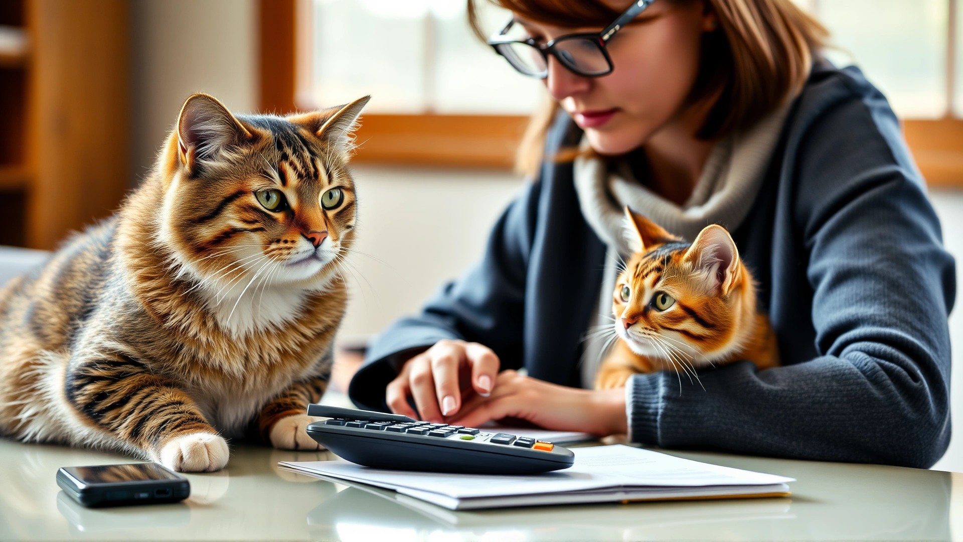 Cat owner sitting at a table with a laptop and calculator, reviewing pet health expenses while a curious cat looks on.