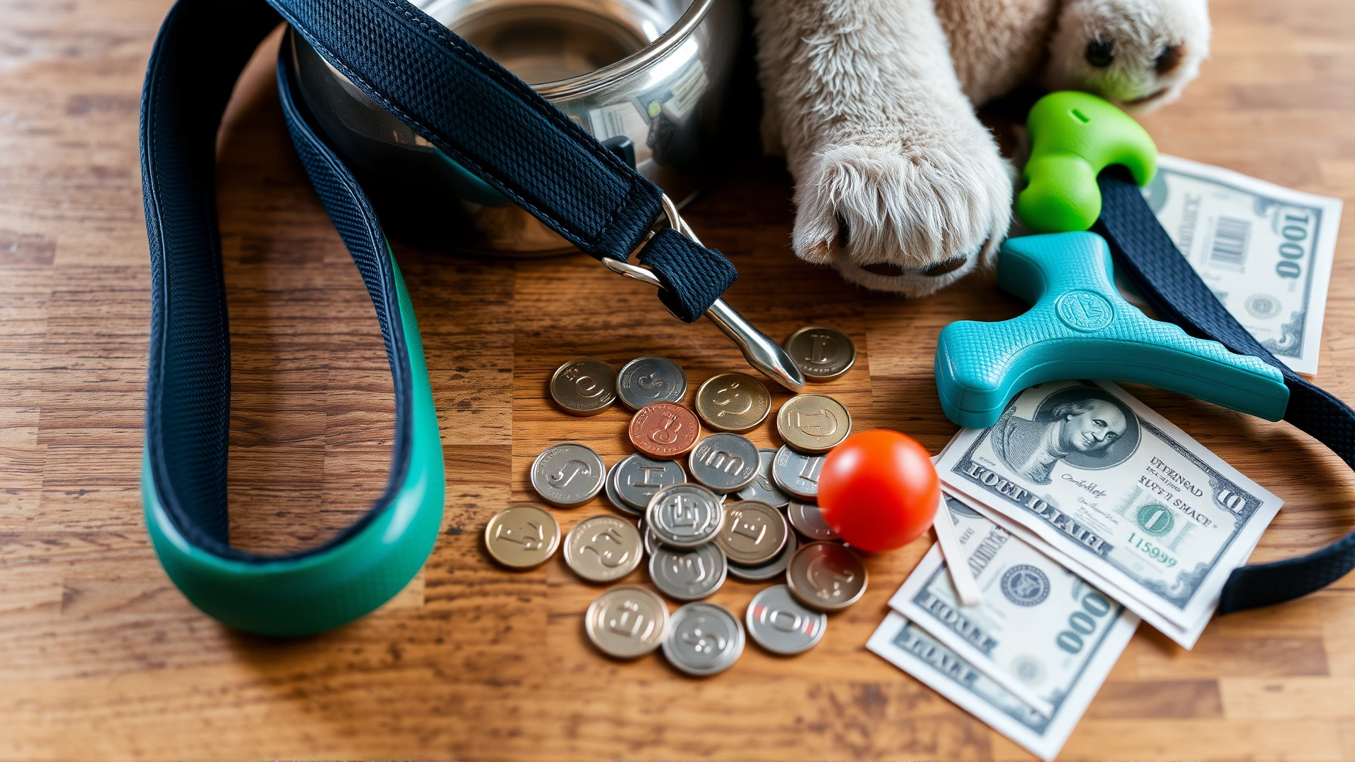 Close-up of a wooden table with pet supplies (leash, bowl, toys) alongside scattered coins and banknotes, symbolizing pet expenses