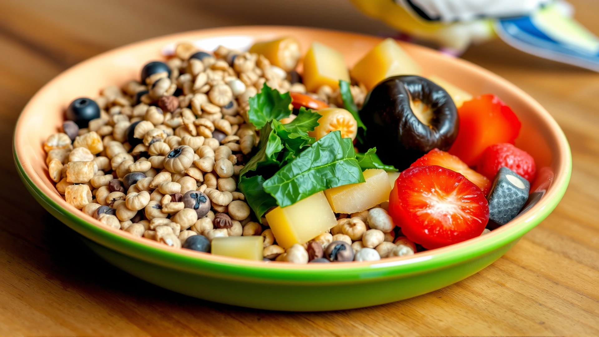Close-up of a colorful bowl containing balanced budgie diet: pellets, mixed seeds, chopped leafy greens, and fruit pieces on a wooden table