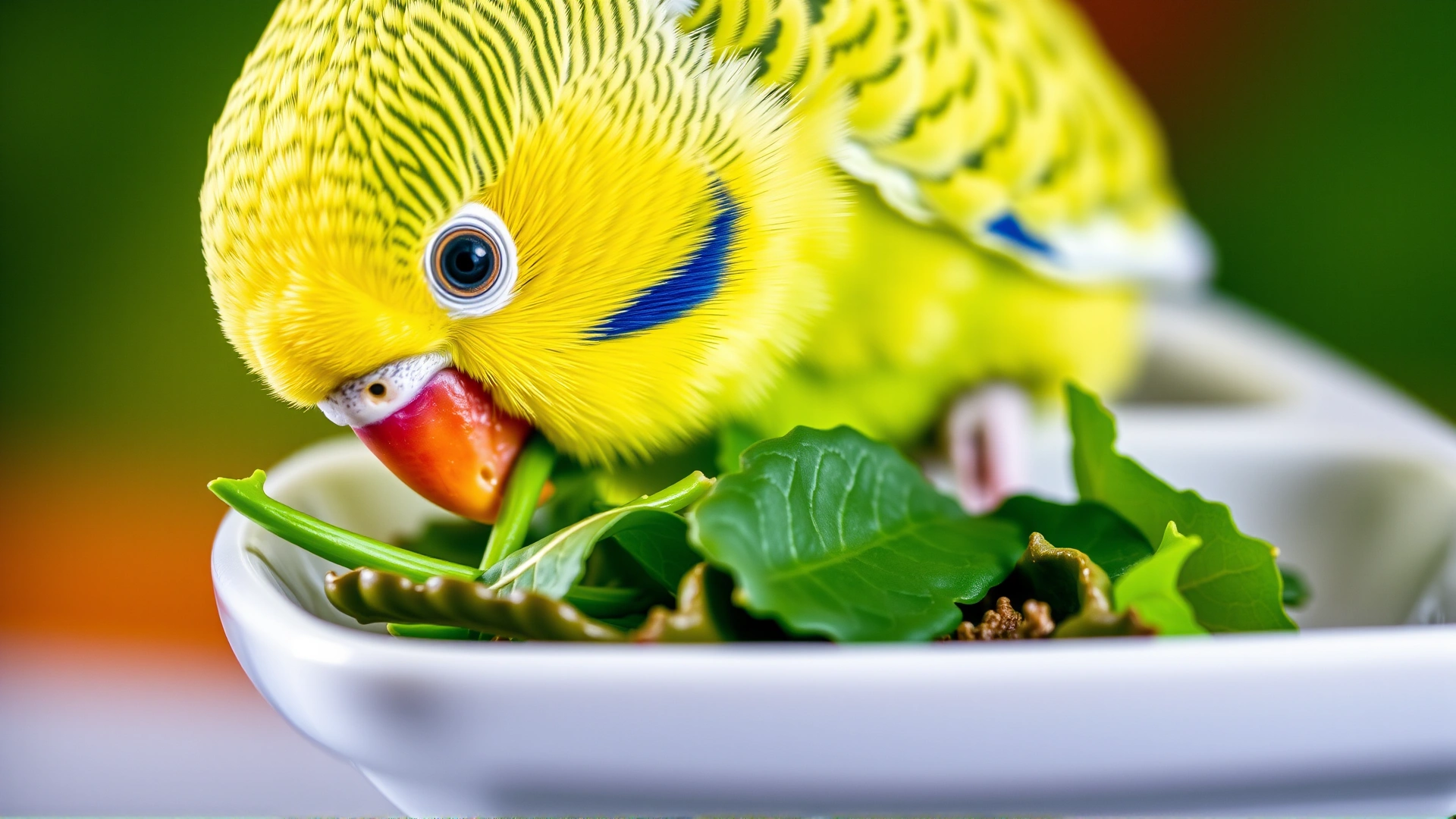 A budgerigar nibbling on fresh leafy greens placed in a small dish, close-up shot, vivid colors, no text