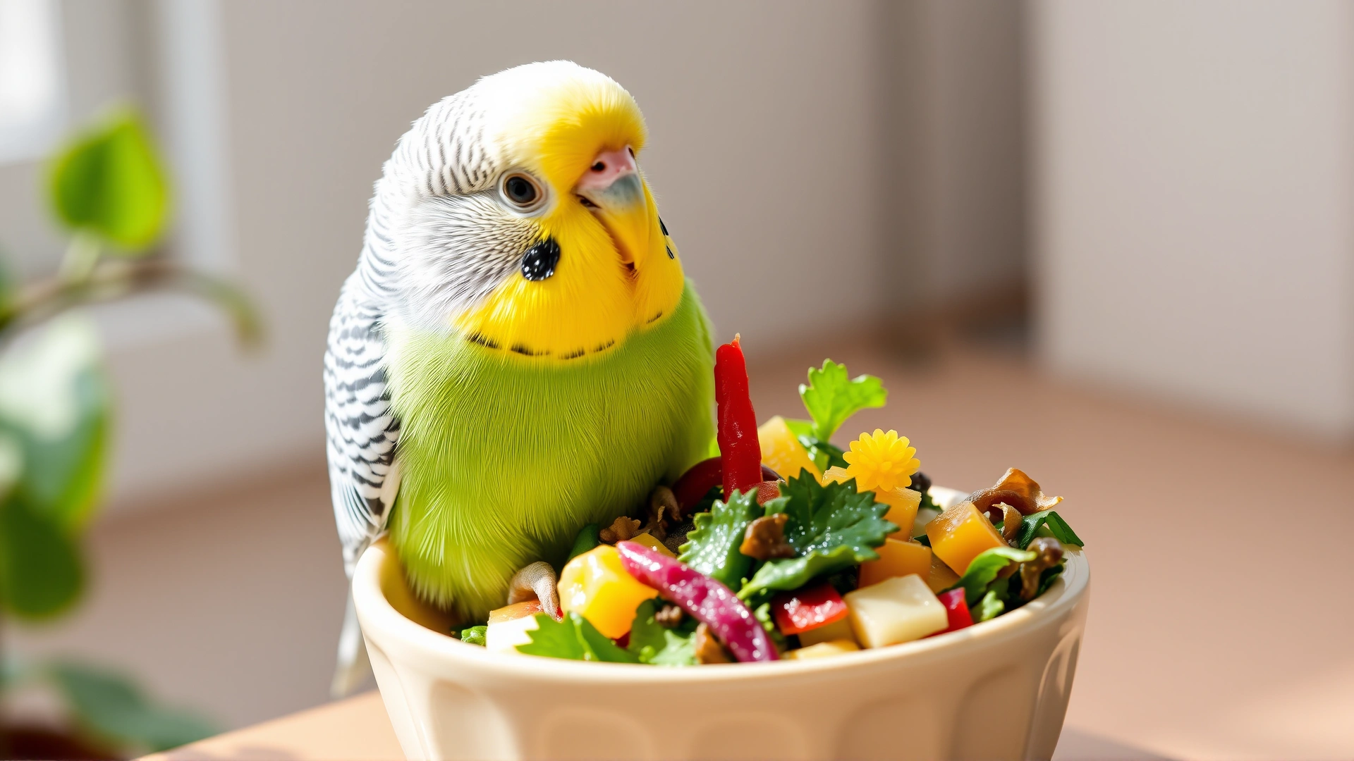 Budgerigar happily eating a mix of fresh leafy greens and colorful vegetables in a small ceramic dish, bright natural lighting