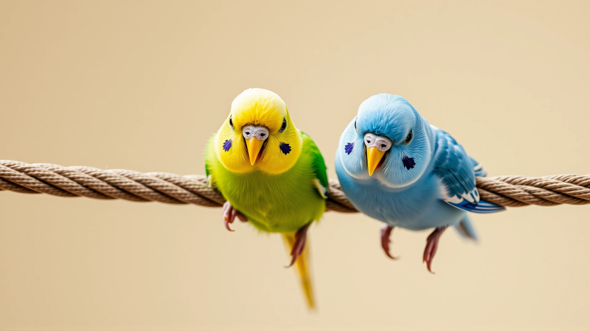 Two cheerful Budgerigars (one blue, one green) playing together on a rope perch