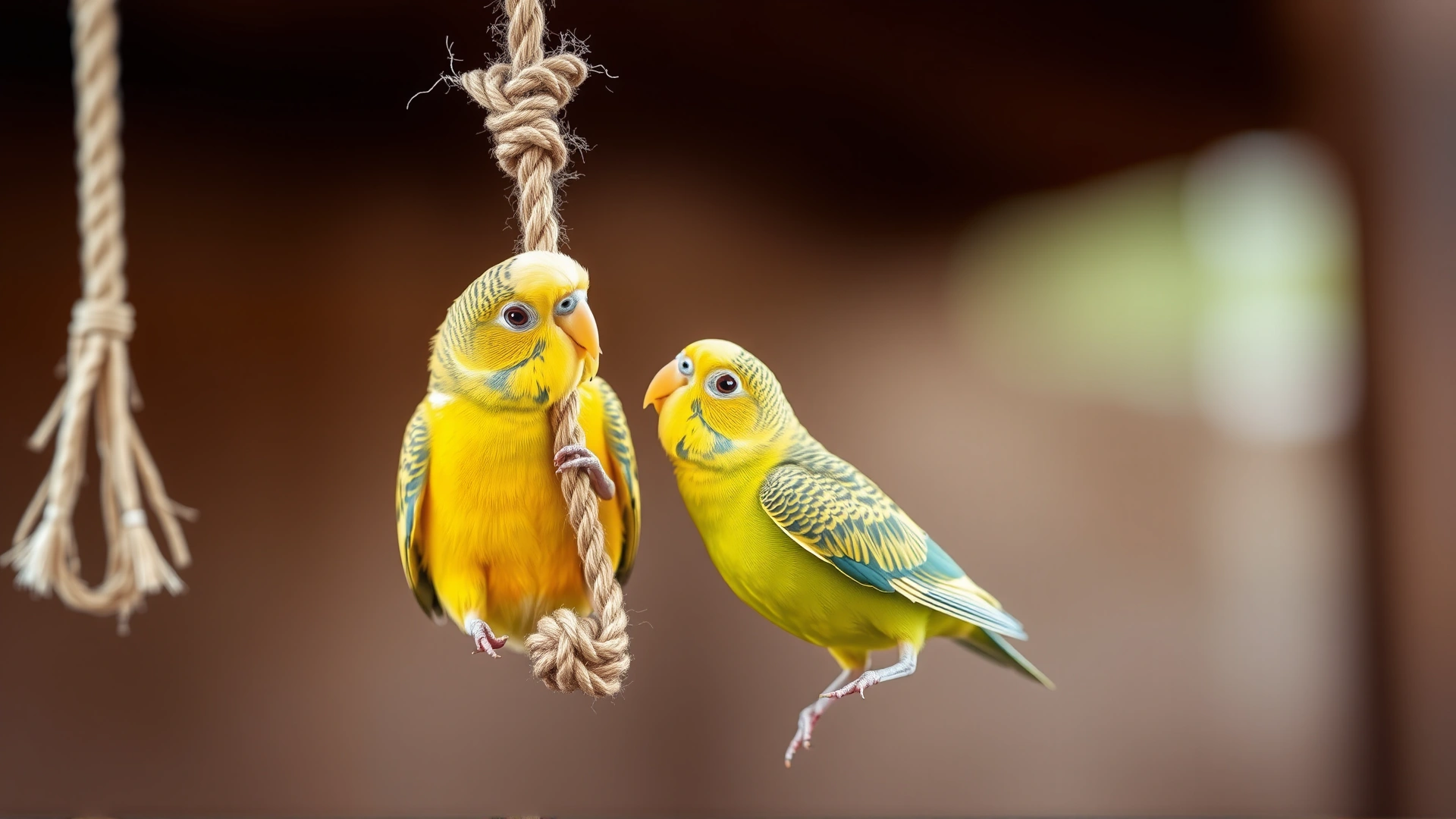 Two playful budgies interacting with a hanging rope toy, bright colors and blurred background to emphasize action