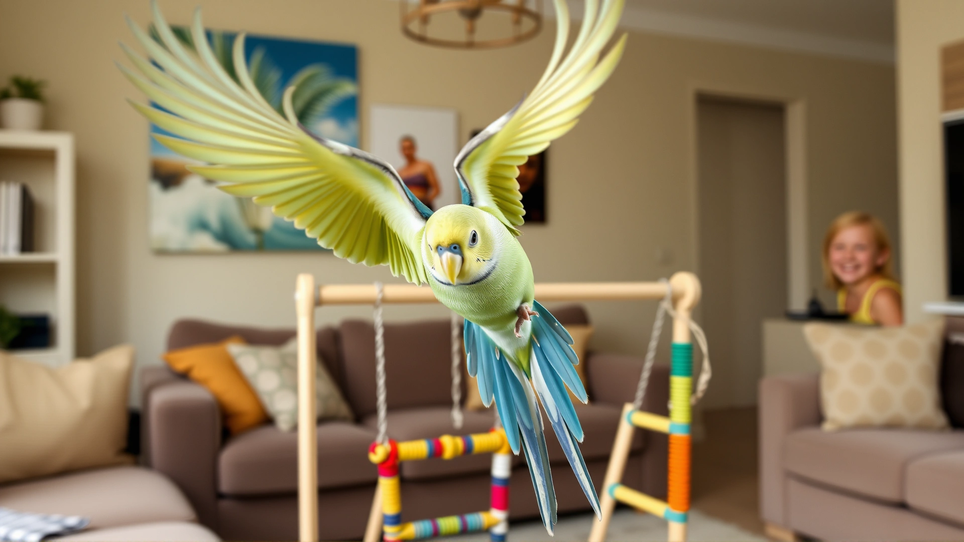 Parakeet flying freely in a living room with play gym stand, colorful ropes and ladders, owner smiling in background