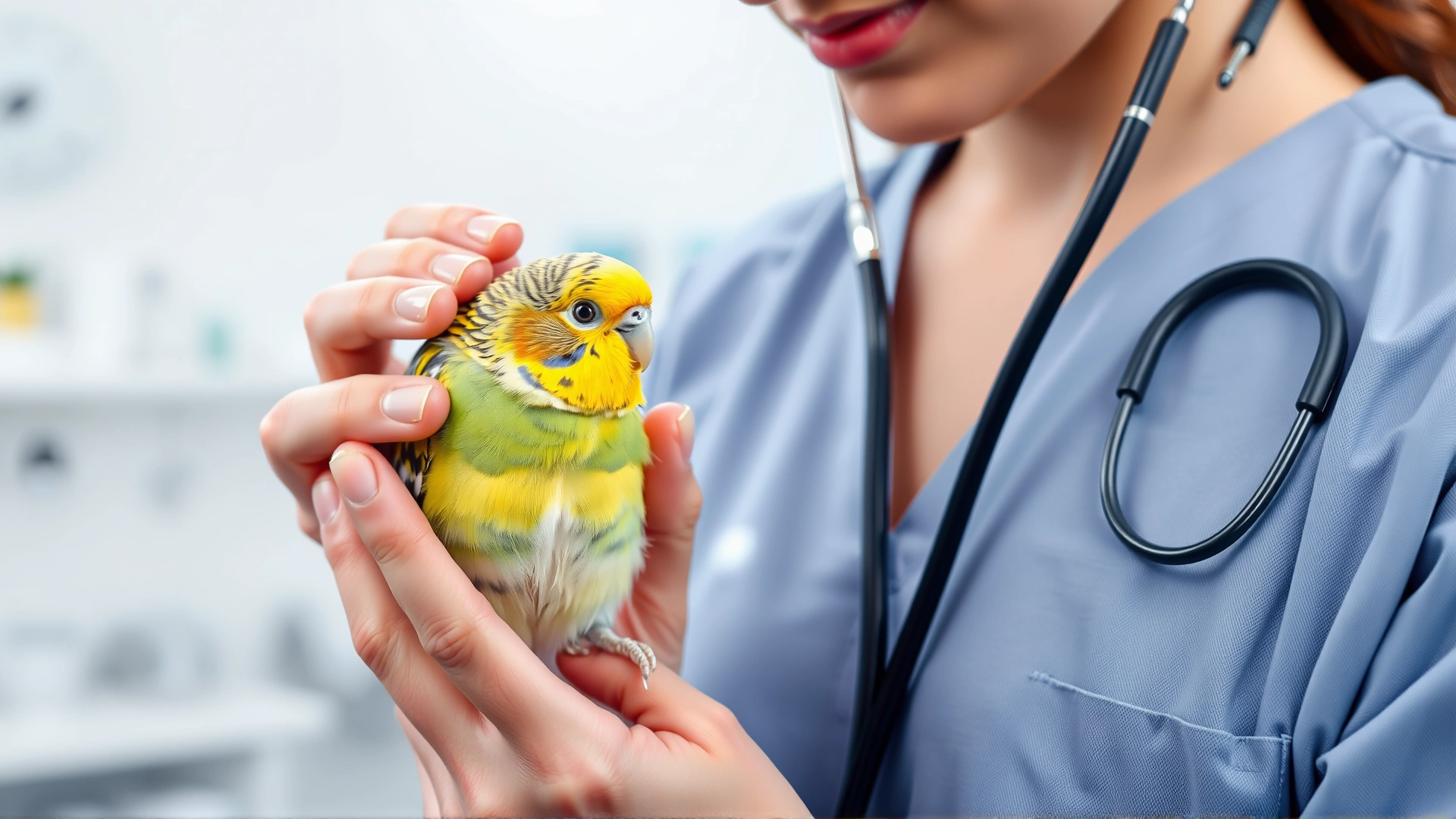 Avian veterinarian gently holding a budgie while examining it with a stethoscope in a clean, well-lit clinic