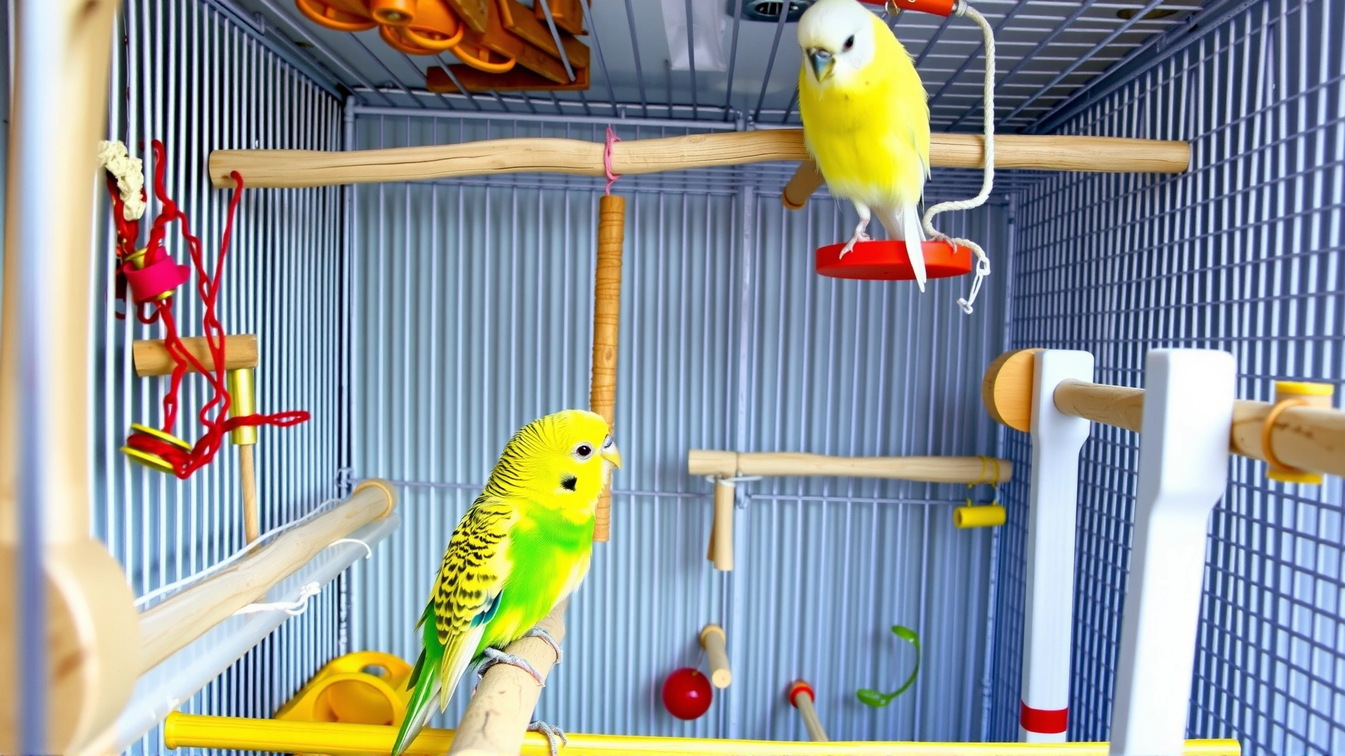 Interior of a spacious budgerigar cage showing varied perches, toys, and two budgies interacting inside, bright and clean environment, high-resolution photo, no text