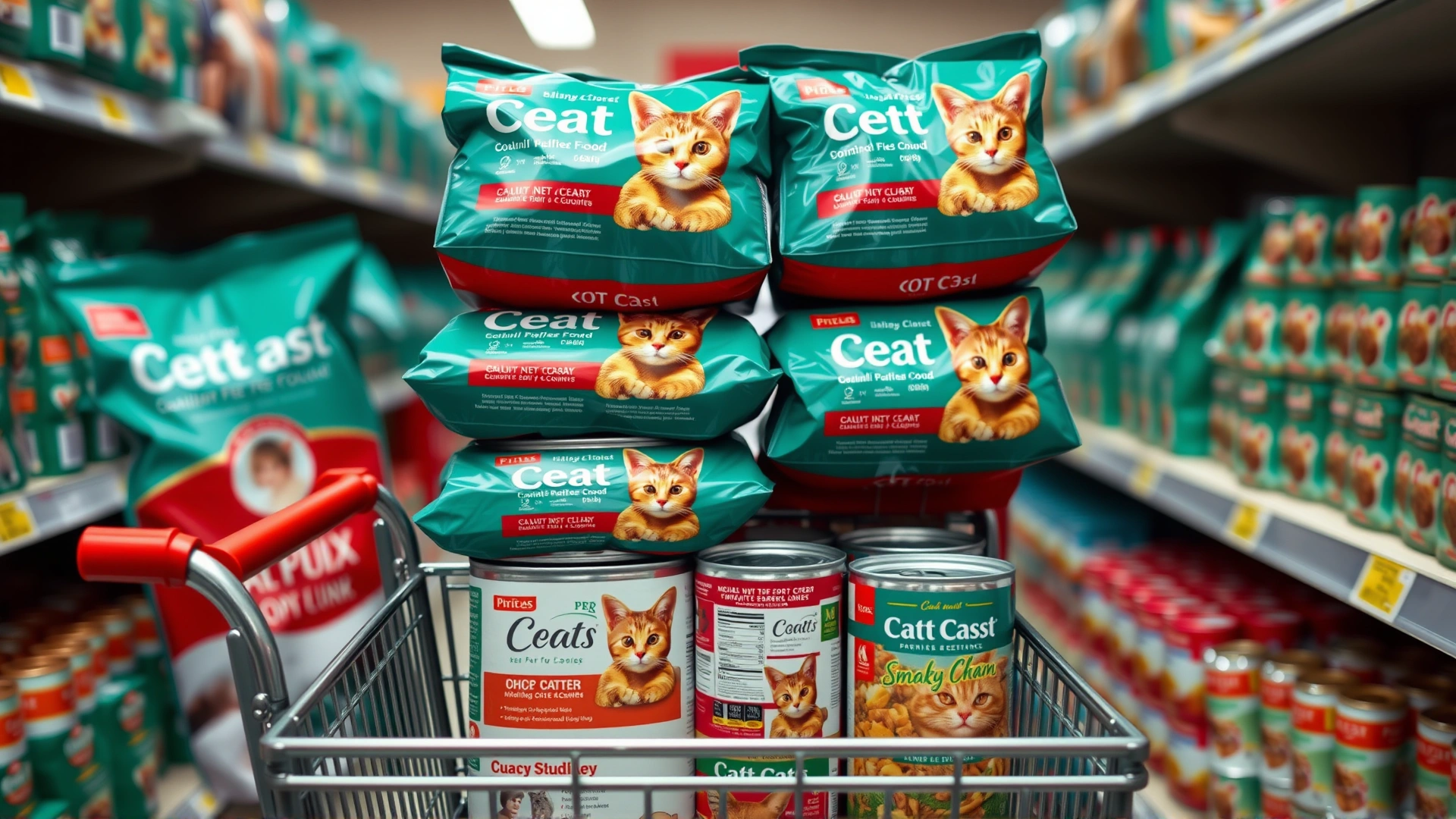 Stack of large cat food bags and canned food packs neatly arranged on a shopping cart in a pet store aisle, emphasizing bulk purchase