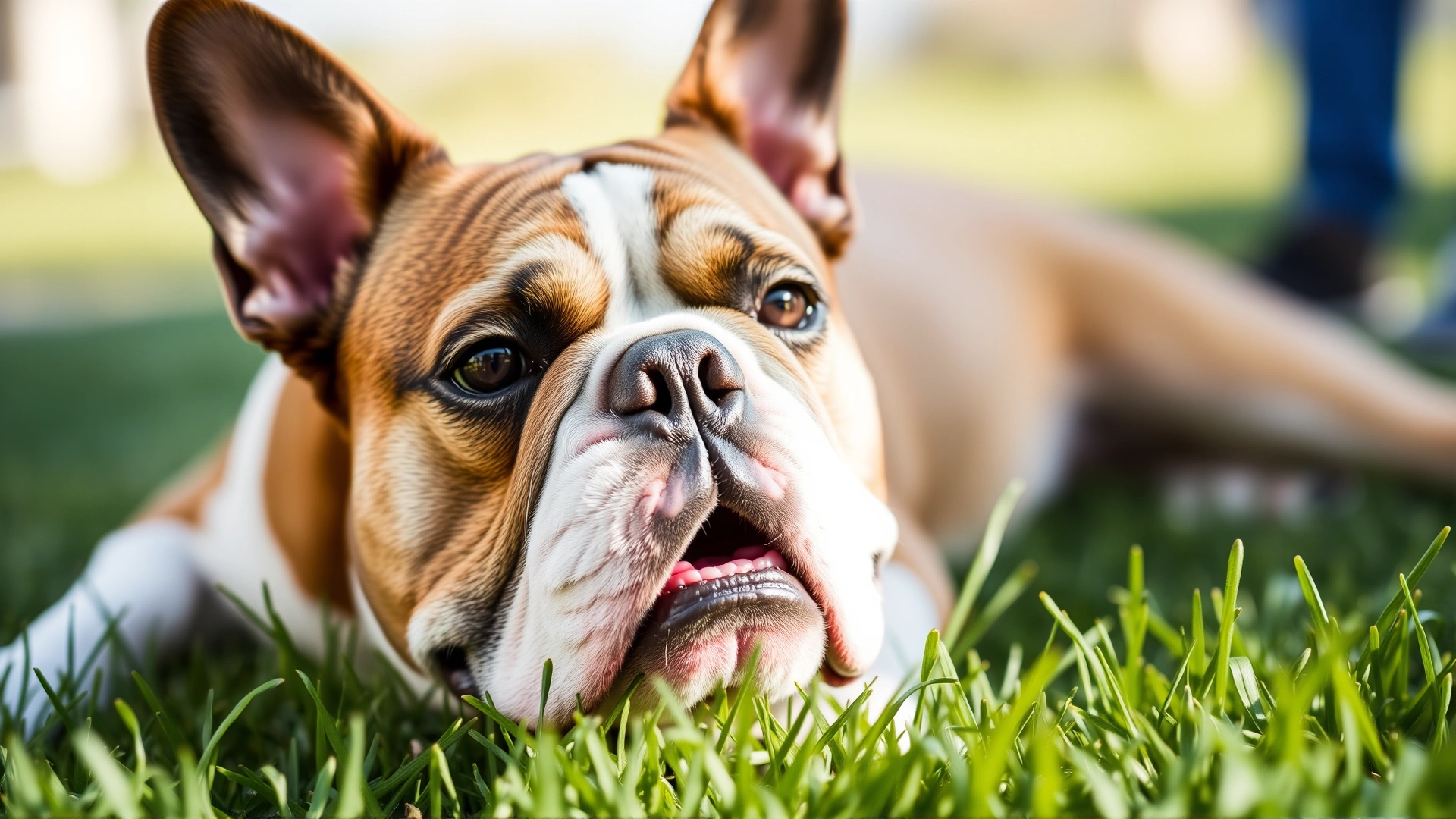 Close-up portrait of an English Bulldog lying on green grass with a content expression, shallow depth of field, bright afternoon light