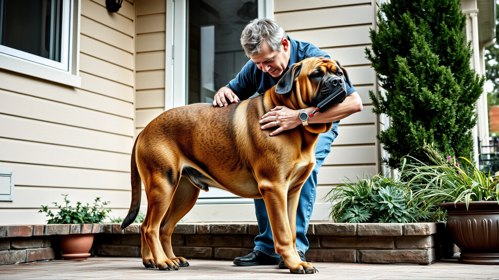 Owner brushing a Bullmastiff's short coat on a home patio.