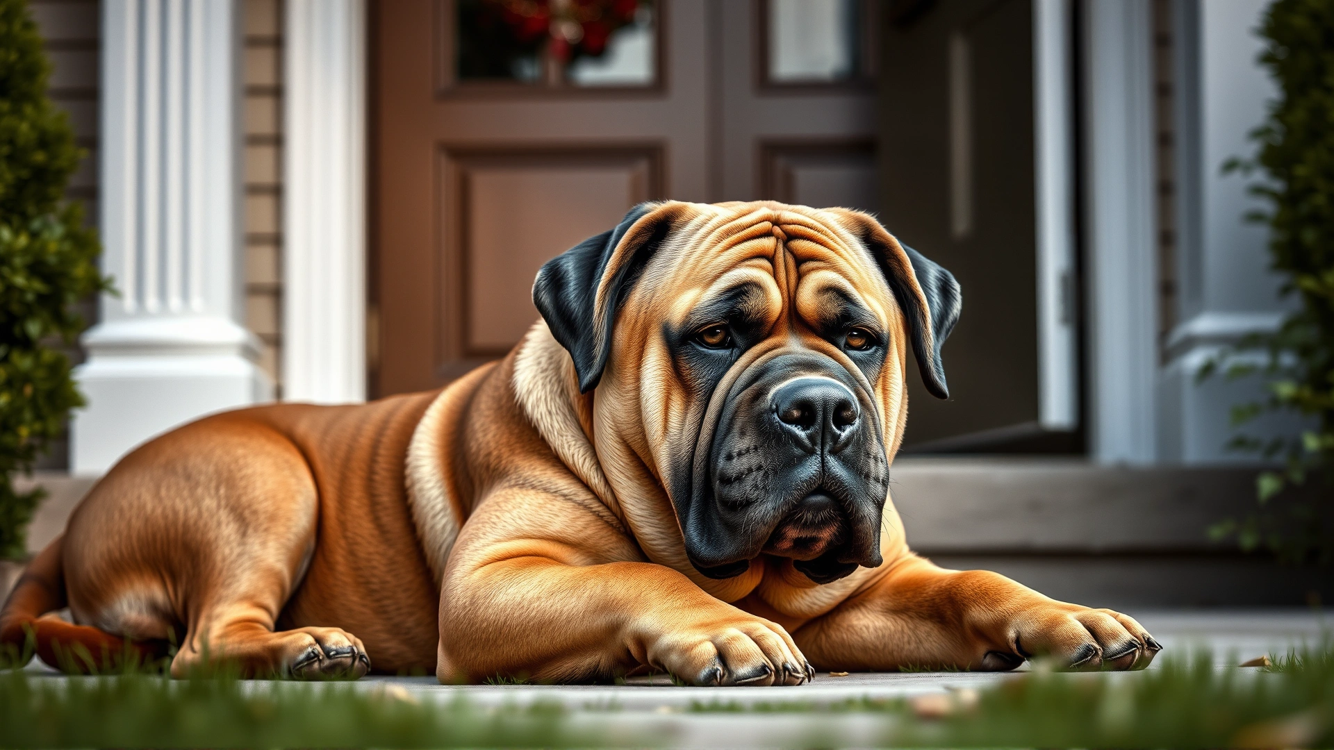 Bullmastiff lying calmly at the entrance of a house, alert and protective.
