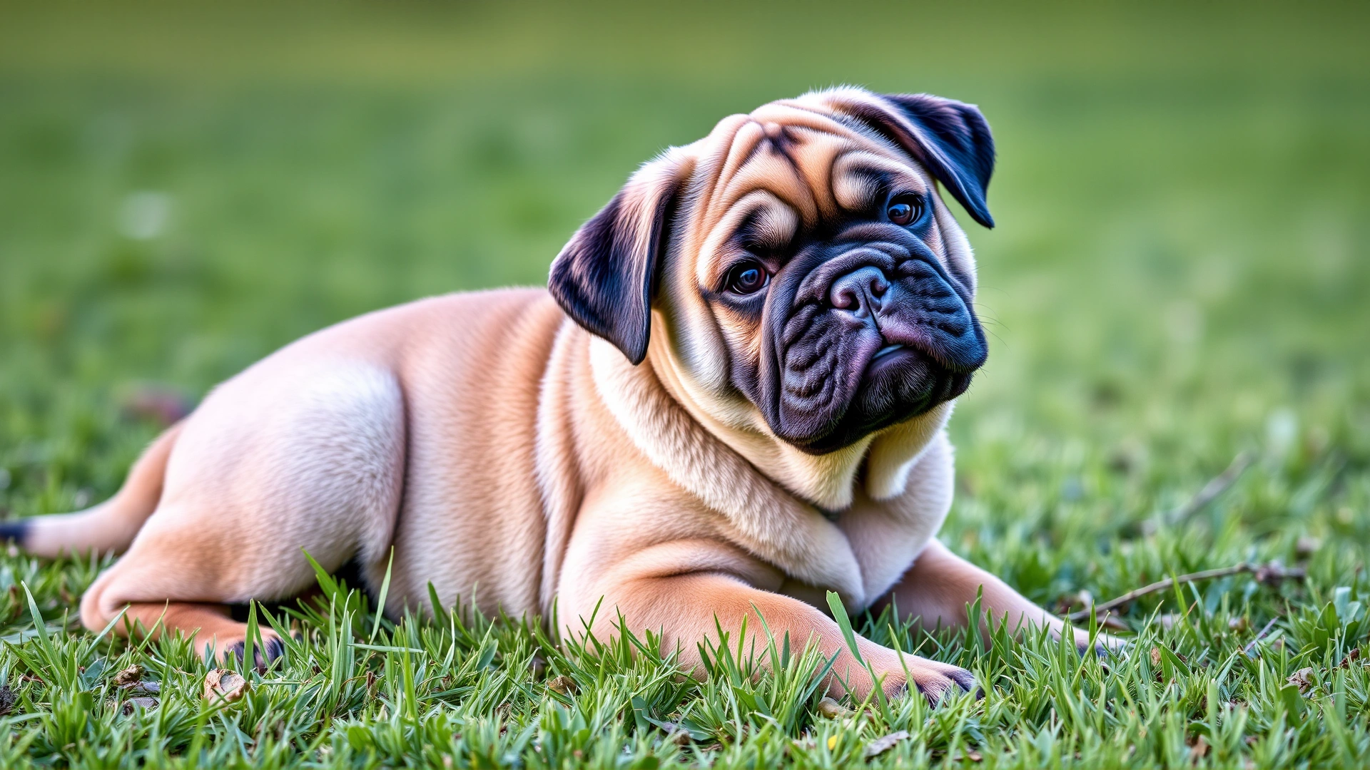 Bullmastiff puppy sitting on green grass with a playful tilt of the head.