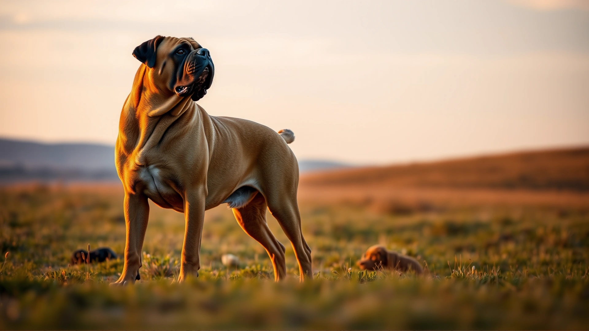 Adult Bullmastiff standing sideways in an open field during golden hour, highlighting its sturdy frame.
