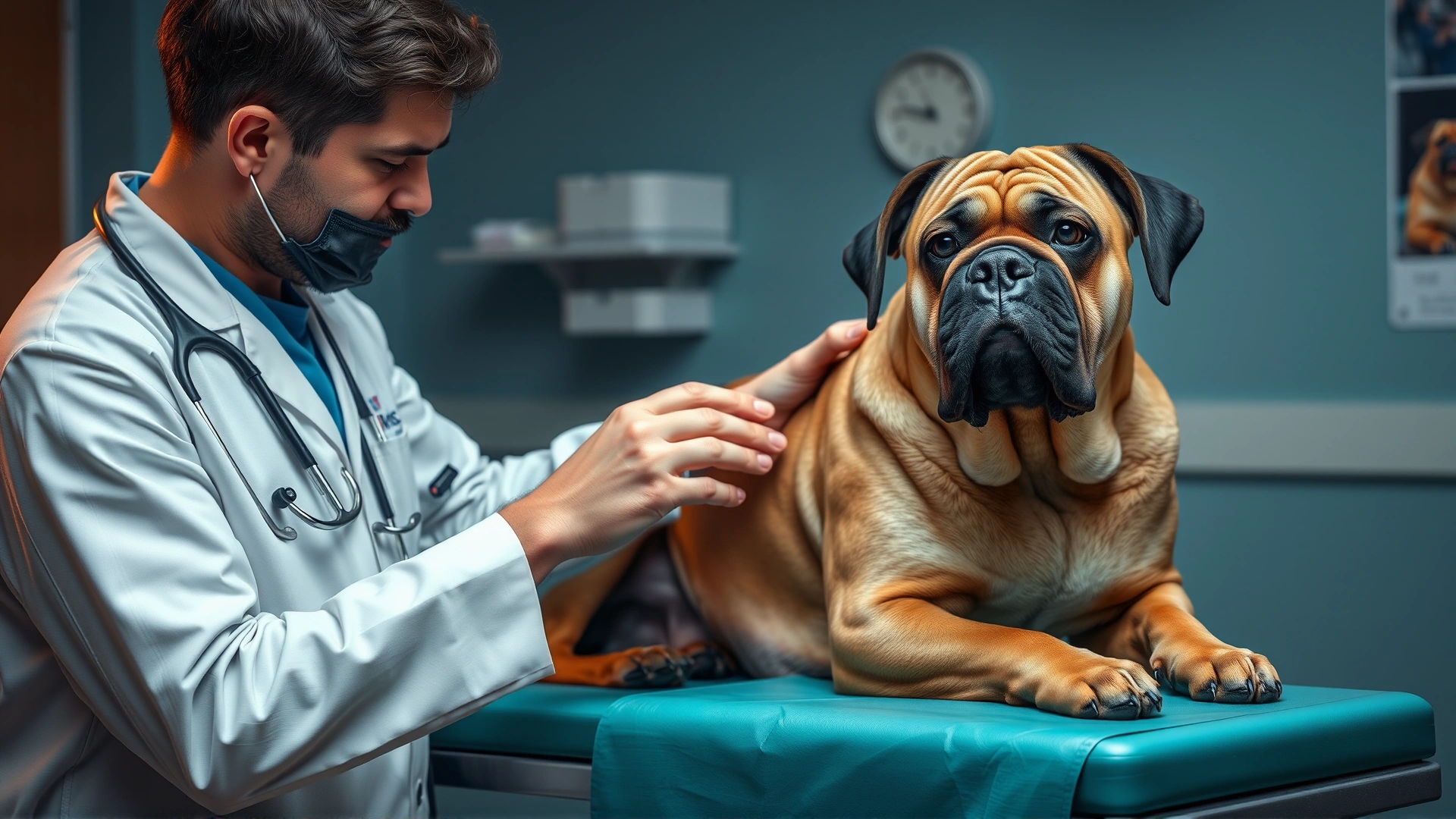 Veterinarian examining a Bullmastiff on a clinic table.