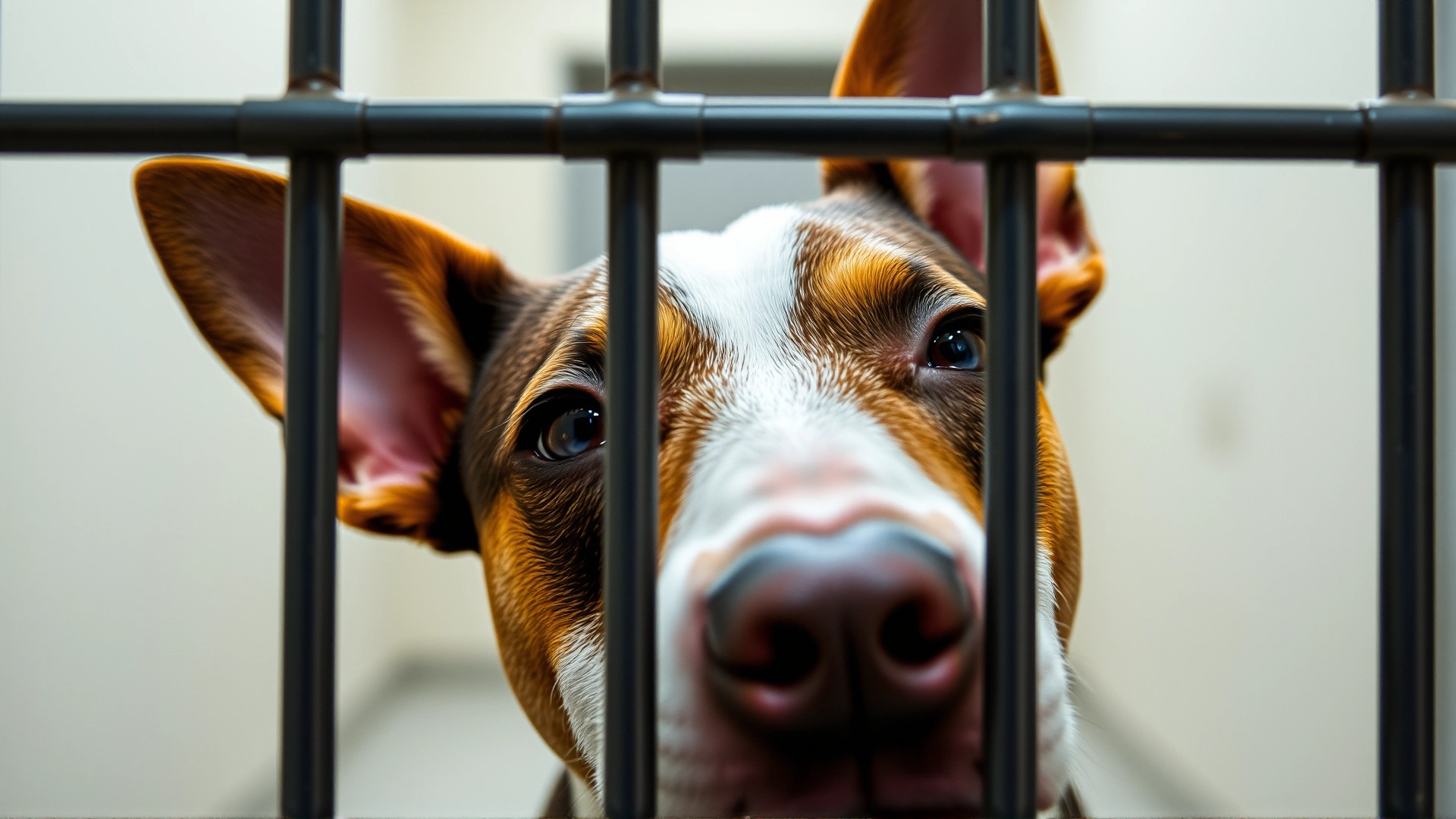 Close-up of a Bull Terrier peeking hopefully through the bars of an animal shelter kennel, soft focus background