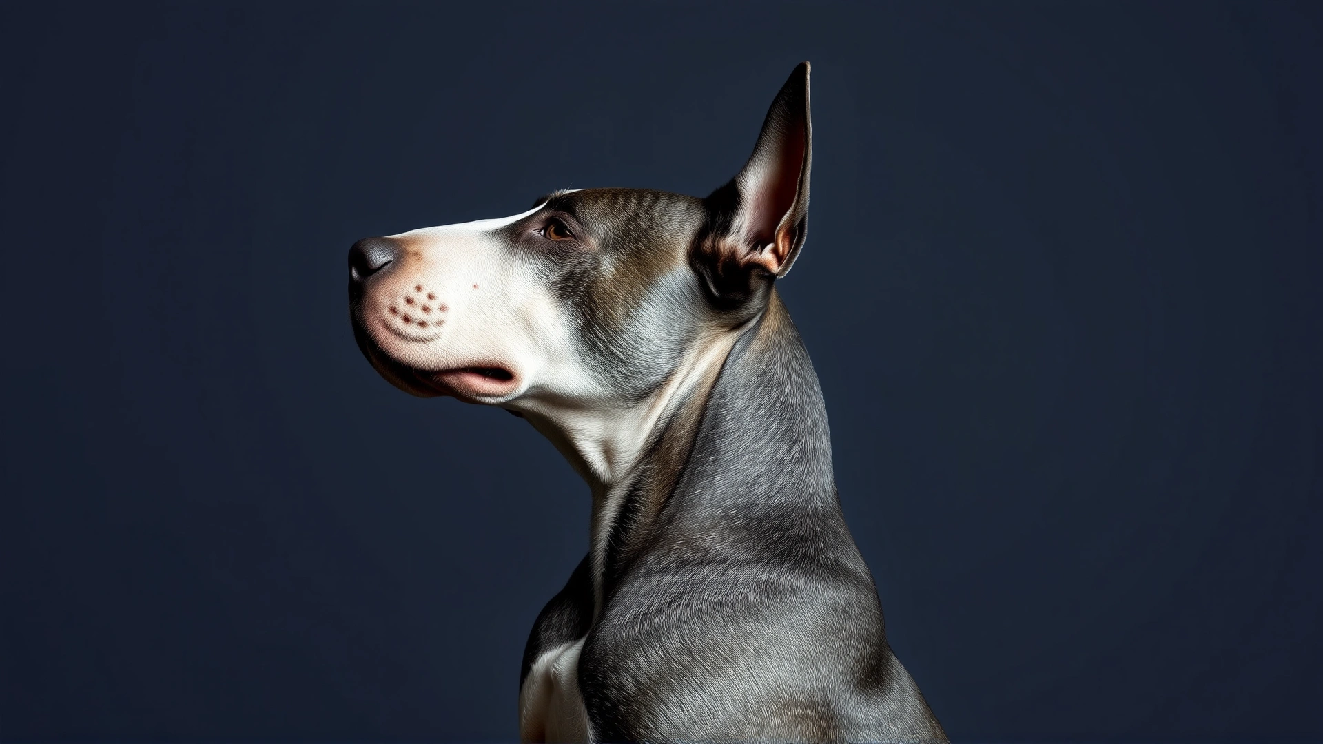 Side profile studio shot of a muscular Bull Terrier against a neutral dark grey backdrop, highlighting its egg-shaped head and smooth coat