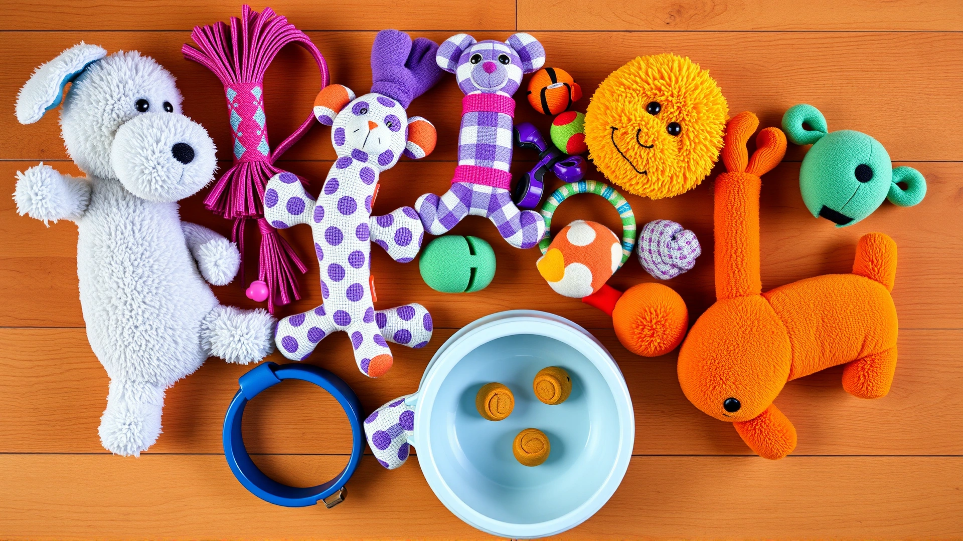 Colorful collection of dog toys, collar and food bowl neatly arranged on a wooden floor, photographed from above, no text